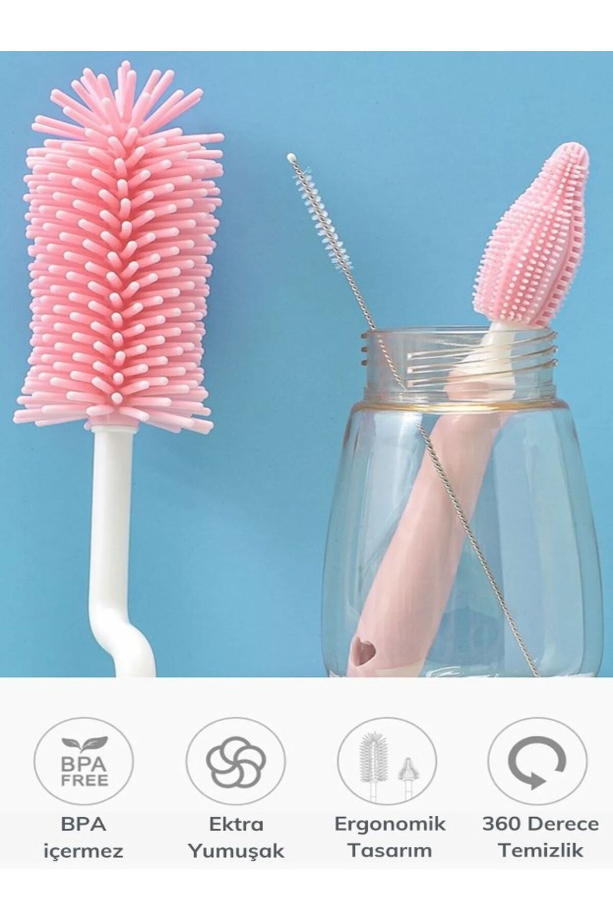 Özasya AVM Pembe Renk Silikon Uçlu Ekstra Yumuşak Kıllı Sağlam Kavanoz Bardak Şişe Ve Biberon Temizleme Fırçası fotoğrafı 2 (önizleme)