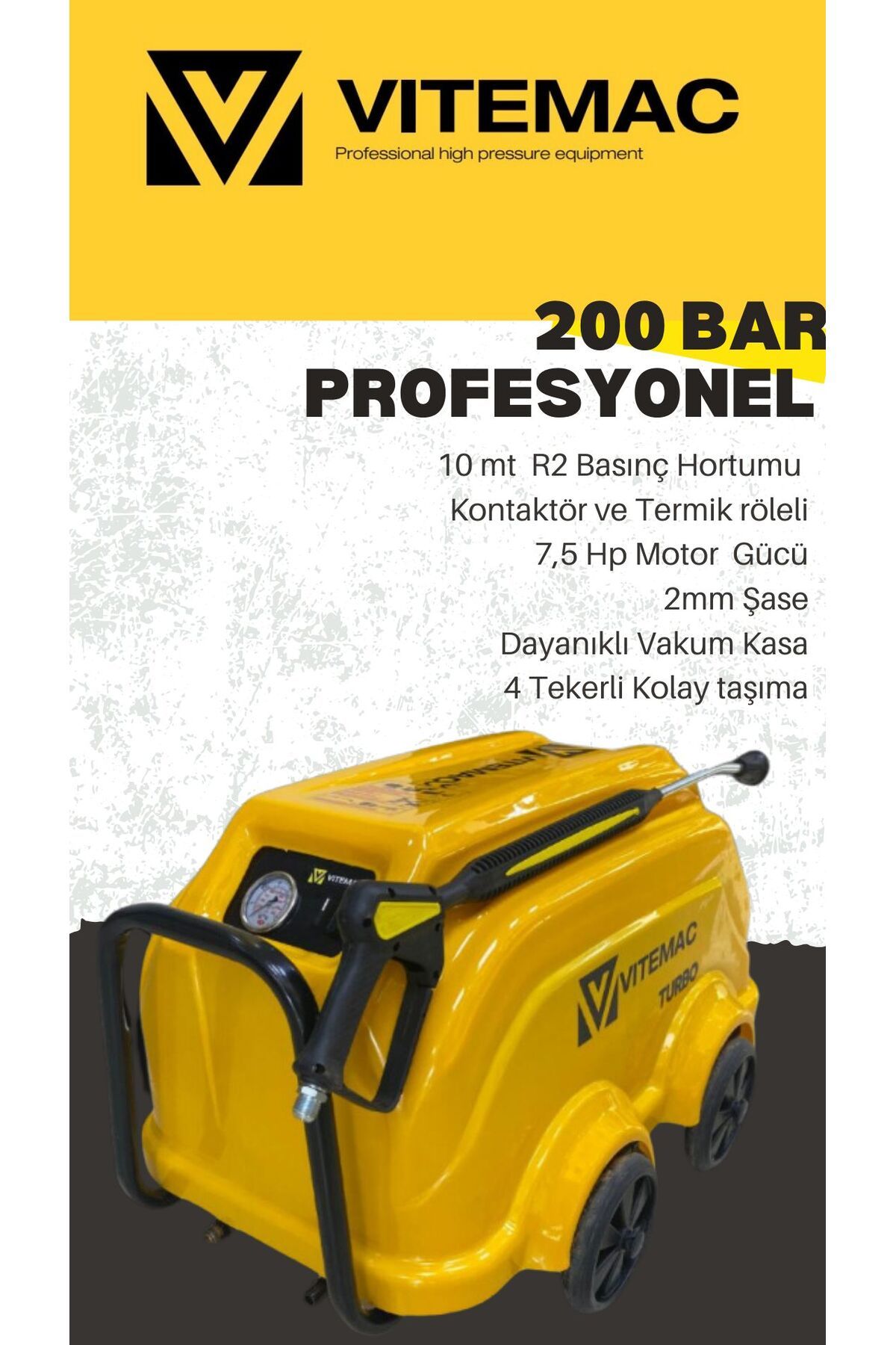 VİTEMAC VT 2000 - 200 BAR  PROFESYONEL YÜKSEK BASINÇLI YIKAMA MAKİNASI 380 V 7,5 HP