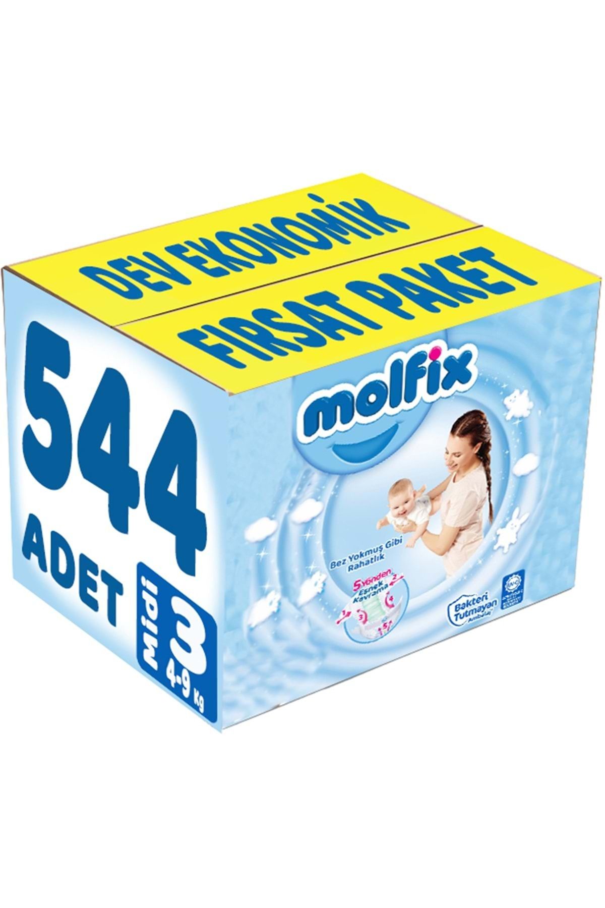 Molfix Bebek Bezi Beden:3 (4-9Kg) Midi 544 Adet Dev Ekonomik Fırsat Pk