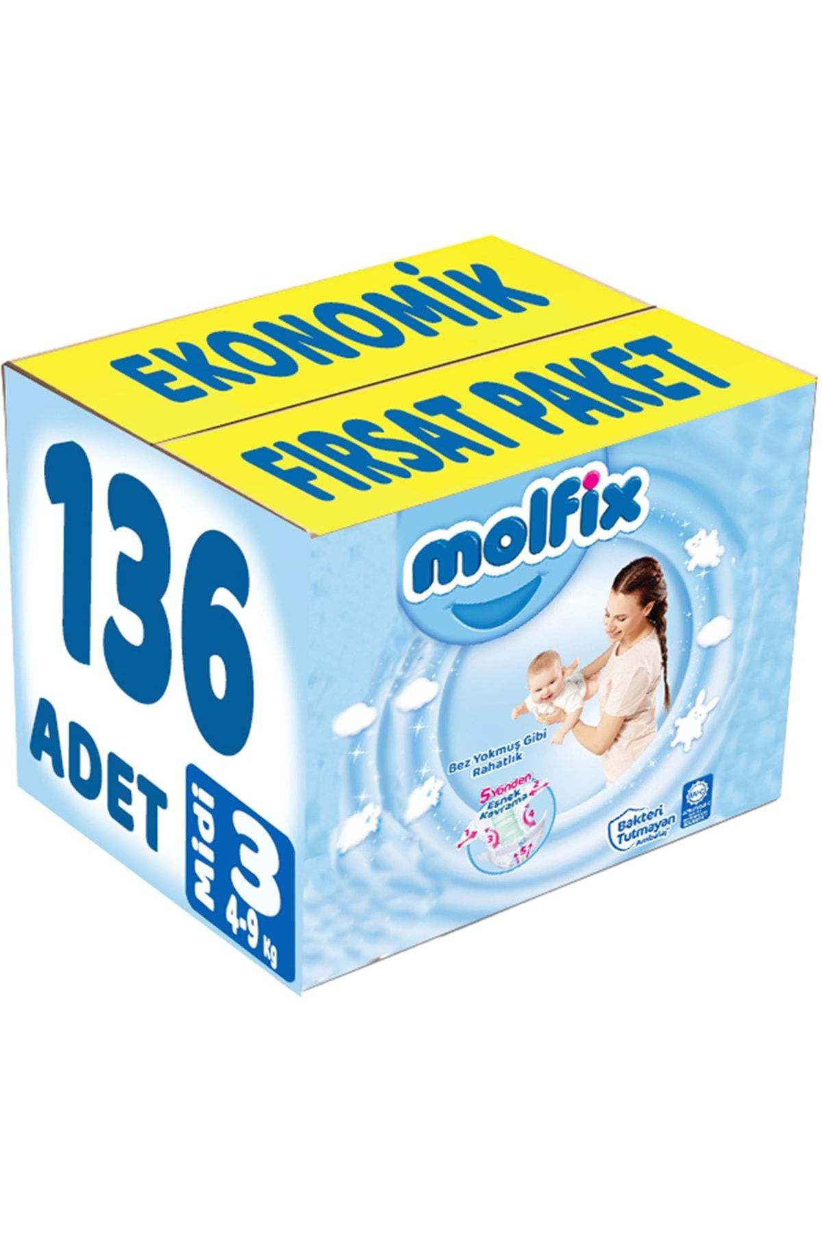 Molfix Bebek Bezi Beden:3 (4-9Kg) Midi 136 Adet Ekonomik Fırsat Pk