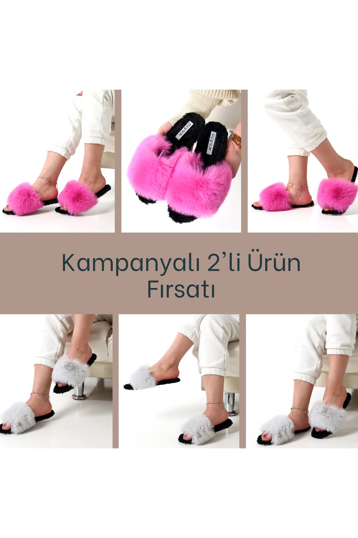 olgun slipper 2li Tüylü Şık Ev Terliği