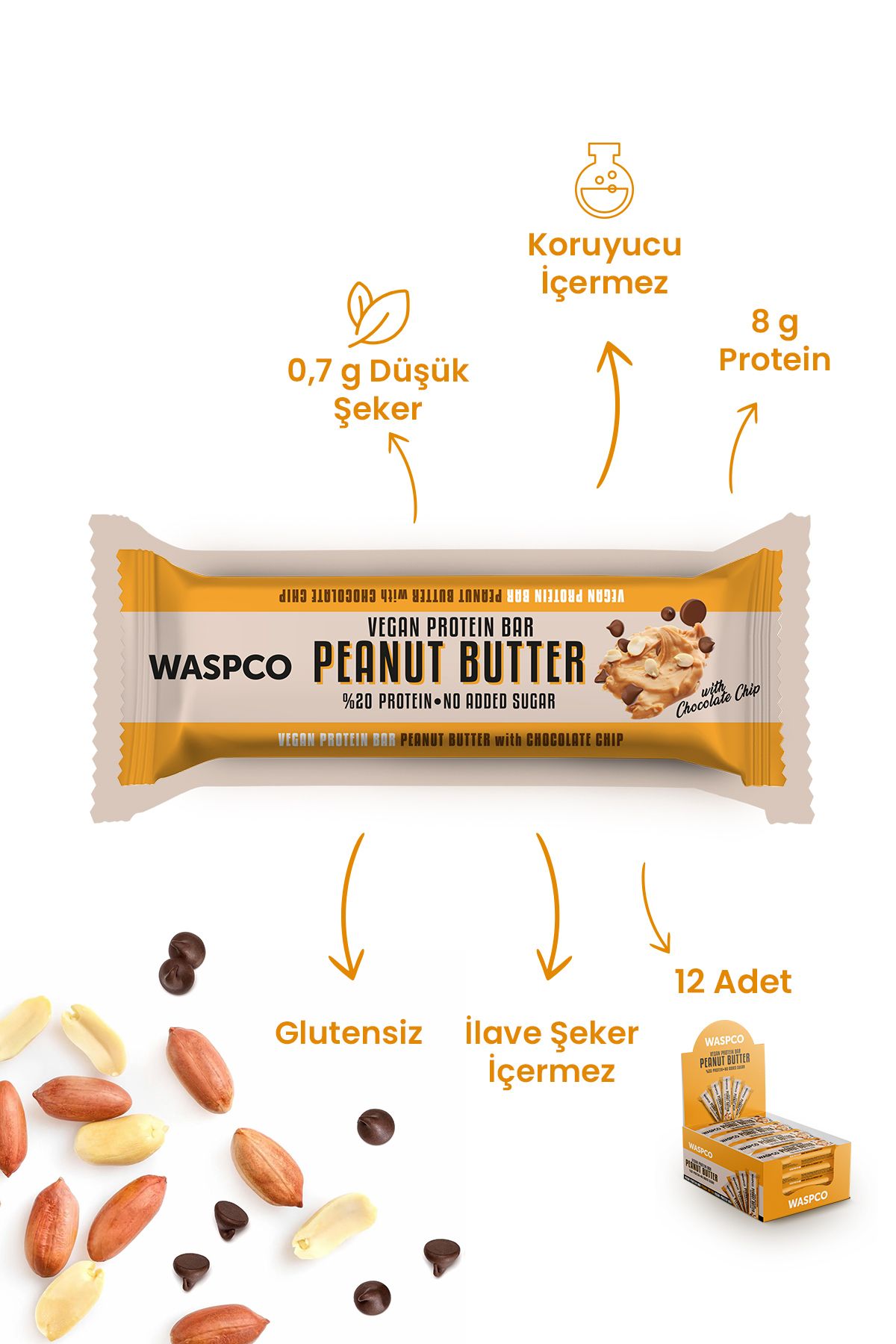 Waspco Fıstık Ezmeli Çikolata Parçalı Vegan Protein Bar 40g X 12 Adet-2