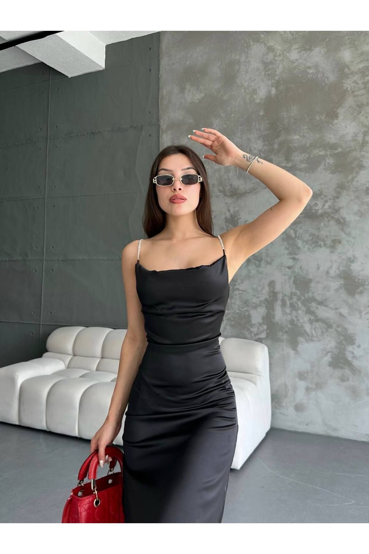 369 etnik butik Strap Satin Dress Taş Askılı Saten Elbise