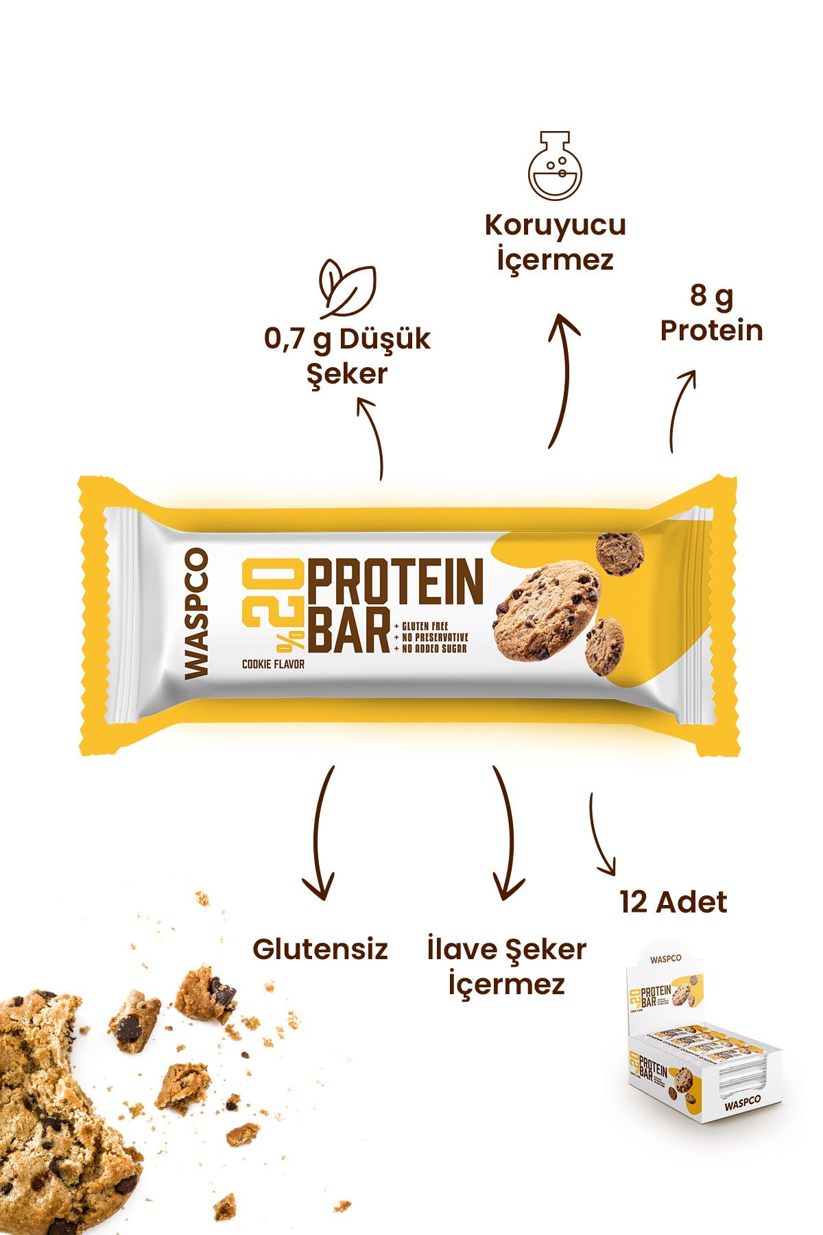 Waspco Kurabiye Aromalı Protein Bar 40g x 12 Adet-2