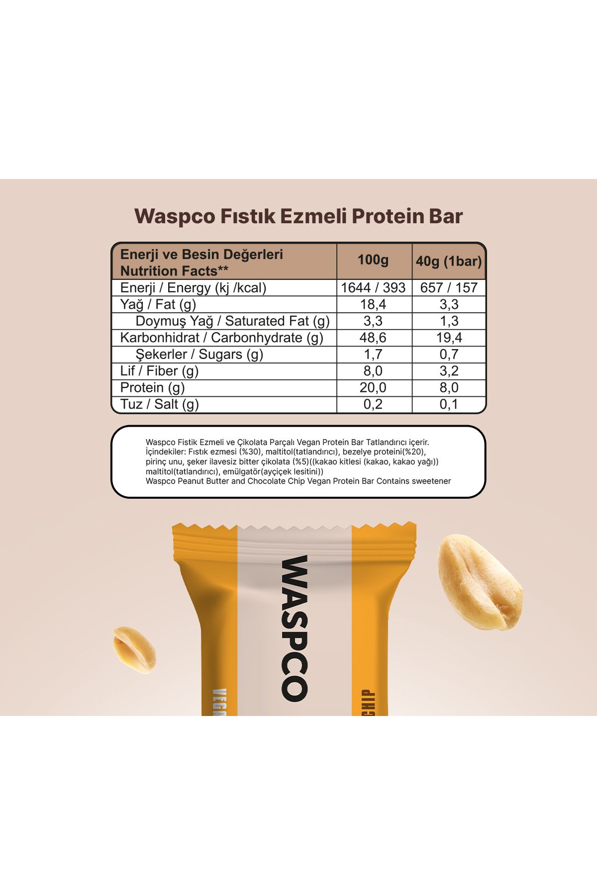 Waspco Fıstık Ezmeli Çikolata Parçalı Vegan Protein Bar 40g X 12 Adet-6