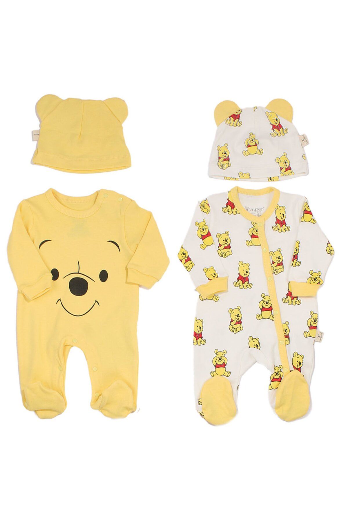 bebegen Unisex Sarı Tatlı Ayıcık Desenli Bereli 2'li Tulum Set