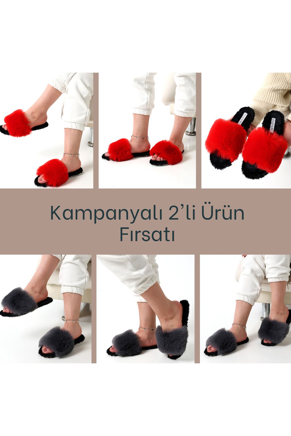 olgun slipper 2li Tüylü Şık Ev Terliği