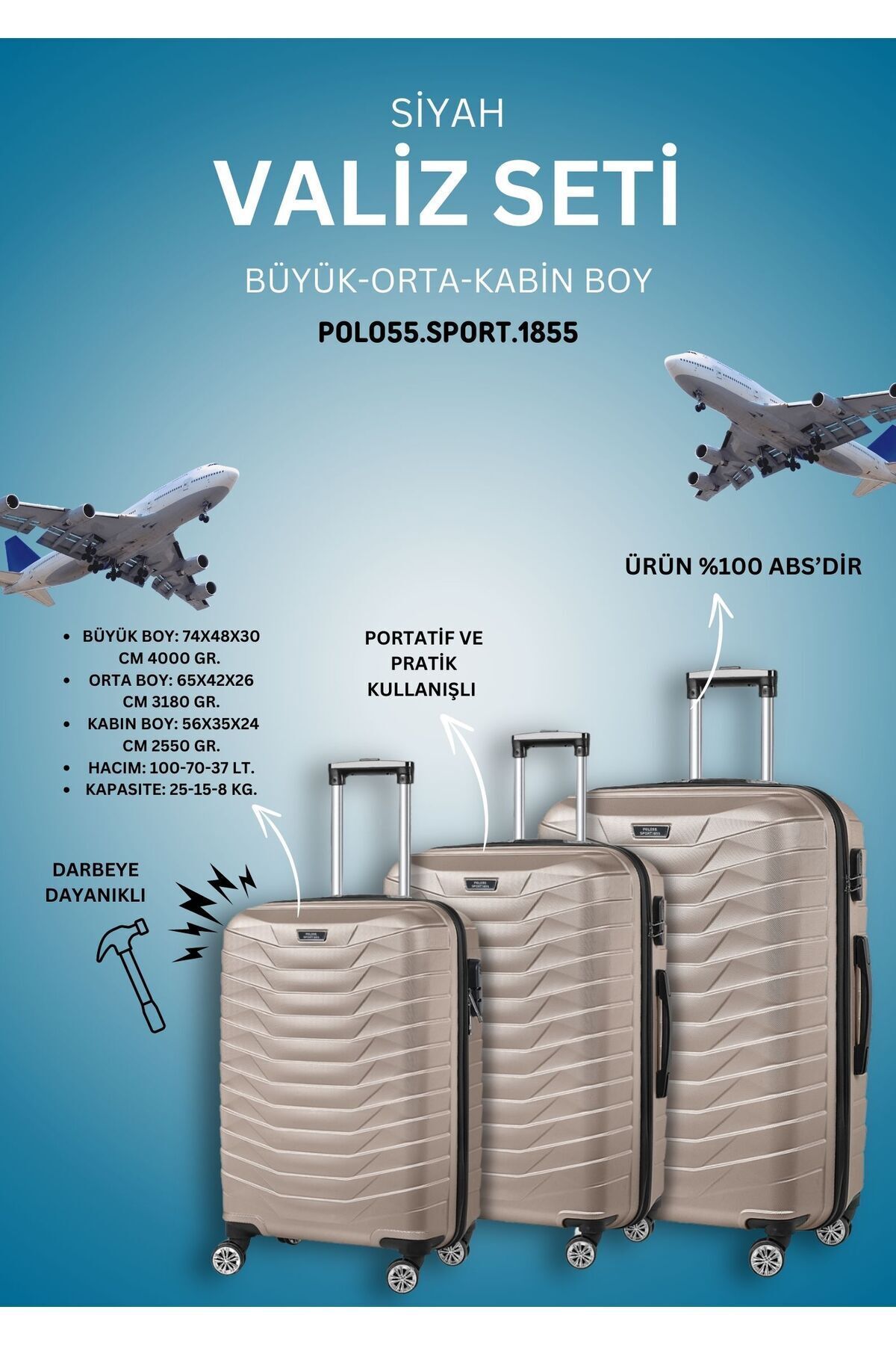 DENS 3'lü Gold Valiz Seti (KABİN-ORTA-BÜYÜK BOY)