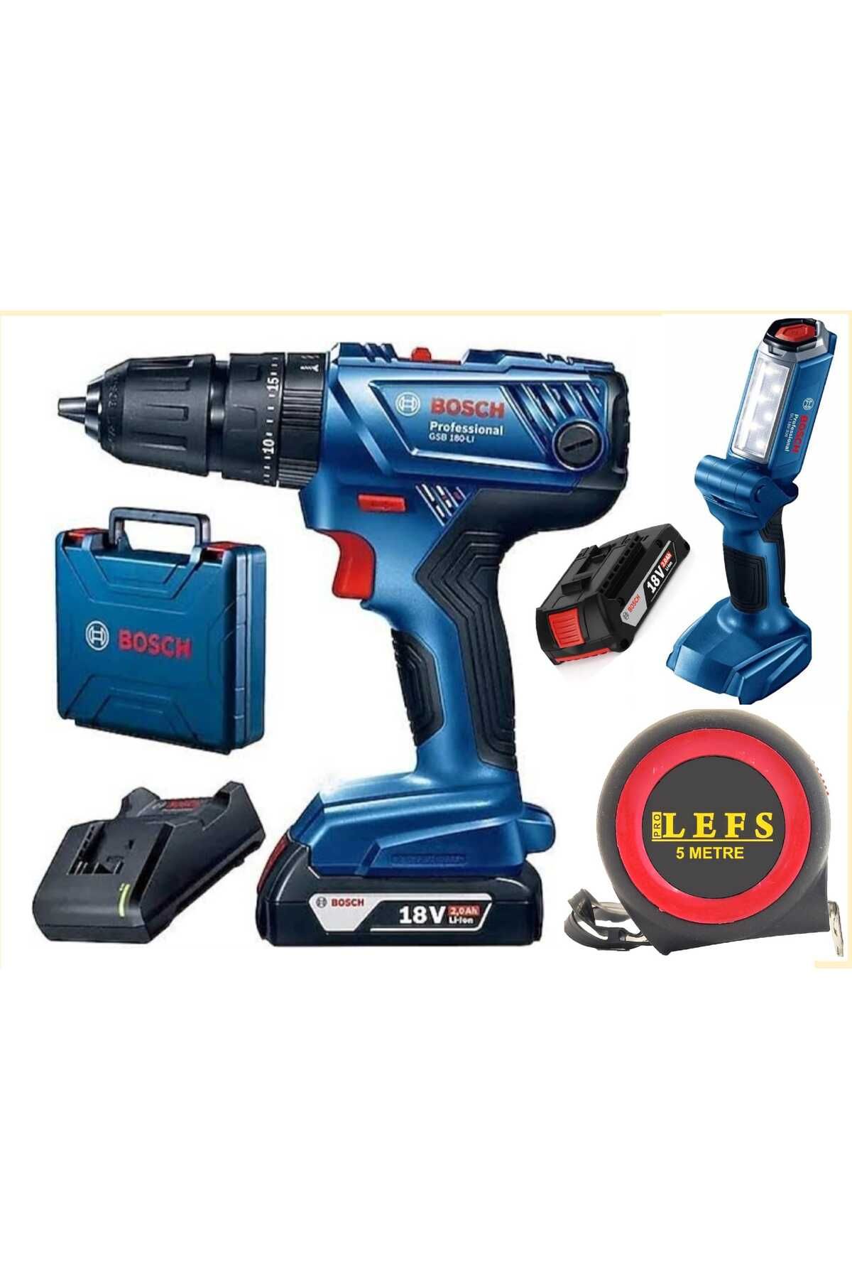 Bosch Gsb 180 Li Çift Bataryalı Darbeli Matkap Vidalama ve Bosch Glı 18 V-300 Şarjlı El Feneri