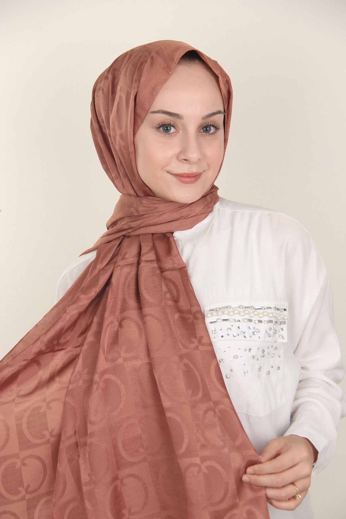 Siyane Bakır Siyane Scarf Halka Desen Monogram Pamuk Şal