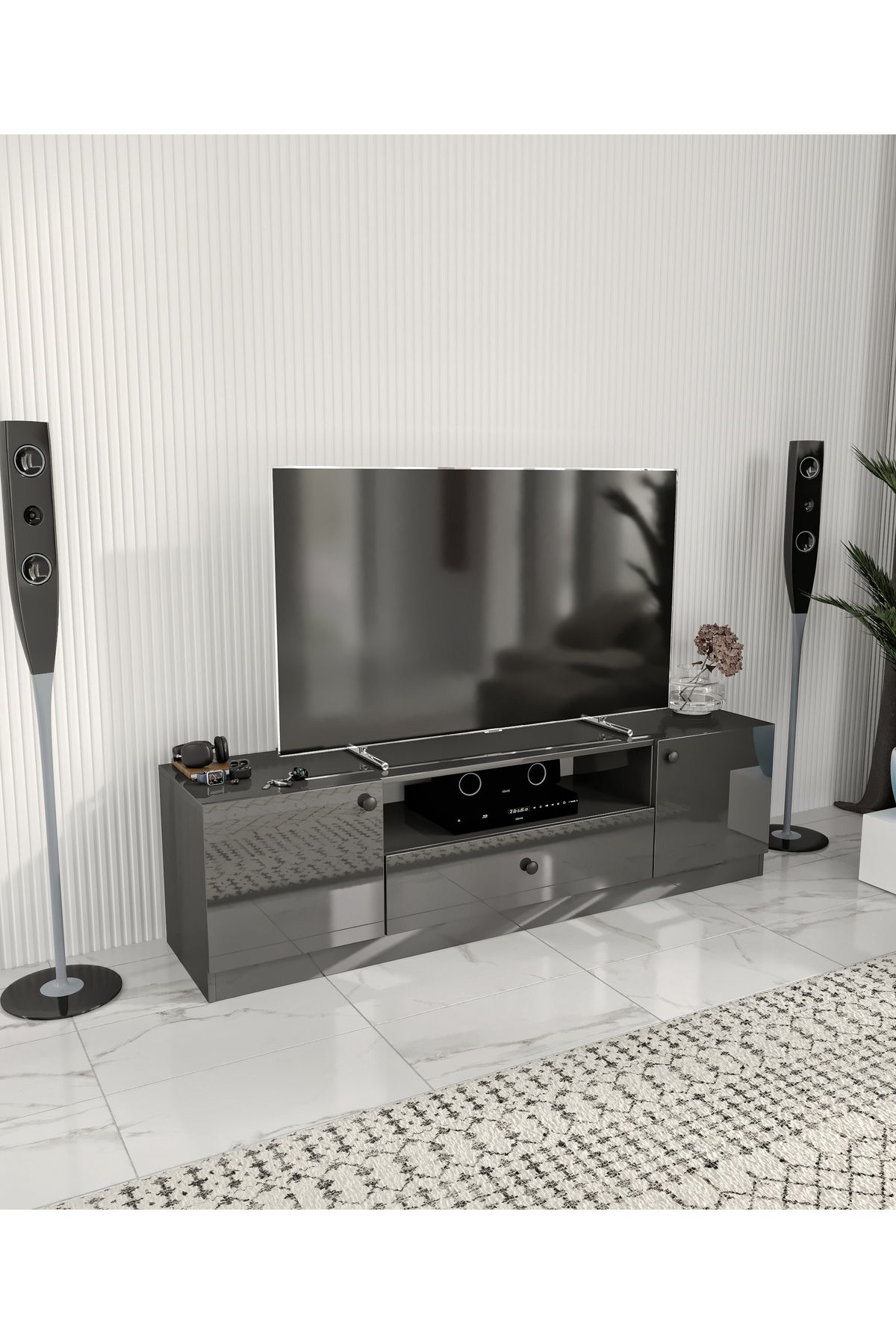 CABİNSE %100 AKRİLİK MDF 2 Kapaklı 1 Çekmeceli 180cm Genişliğinde Modern TV Ünitesi Beyaz - Antrasit CABİNSE