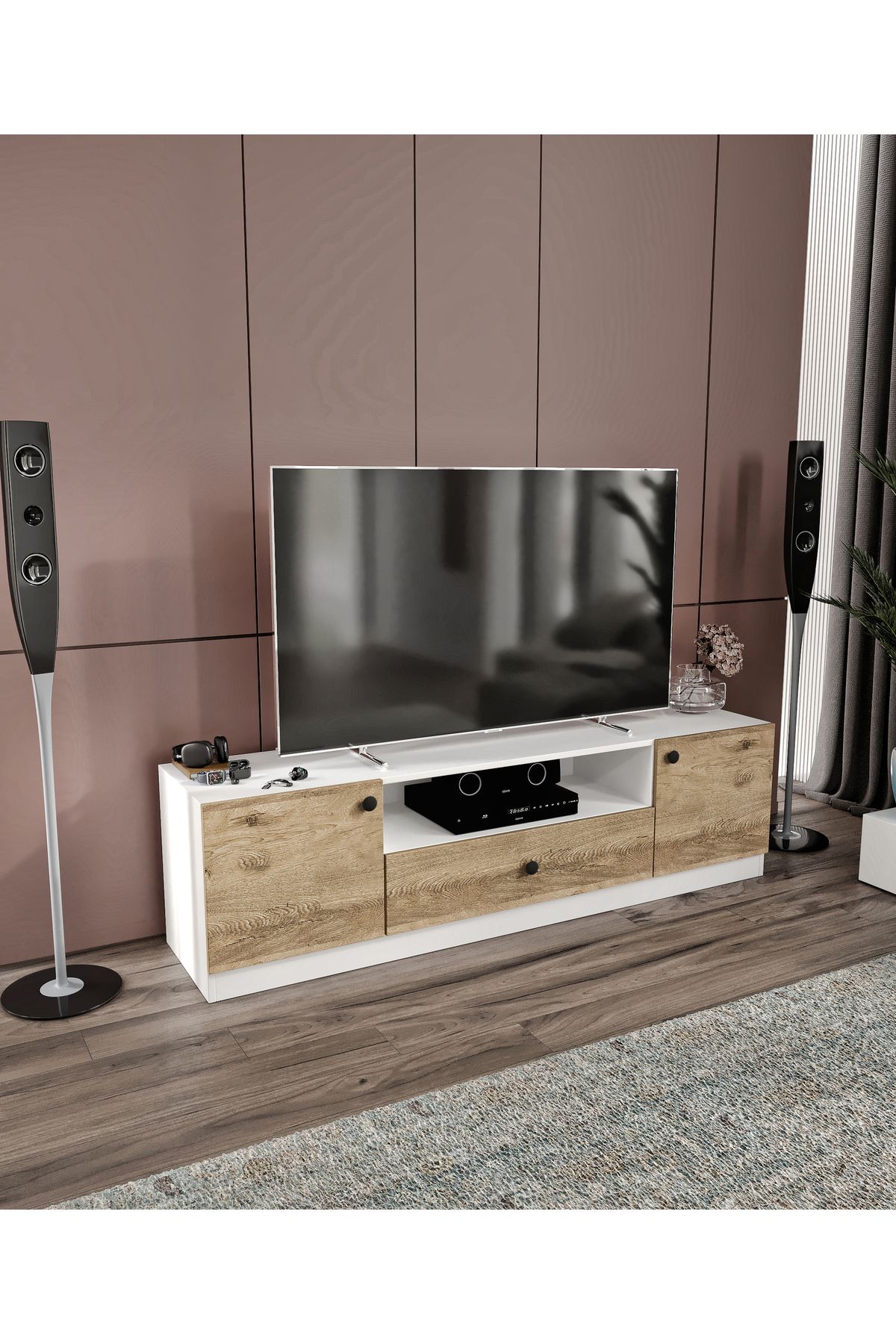 CABİNSE %100 MDF 180 cm Genişliğinde Modern TV Ünitesi 2 Kapaklı 1 Çekmeceli SOFT BEYAZ - MEŞE CABİNSE