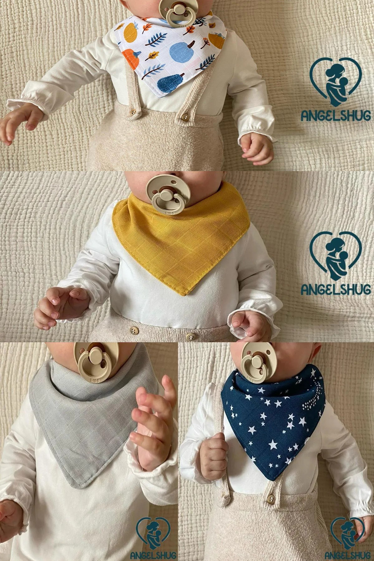 AngelsHug %100 Organik Müslin Çift Katlı Bebek Fular & Yakalık Mama Önlüğü & Salya Önlüğü Bez 12 ADET 40 CM fotoğrafı 4 (önizleme)