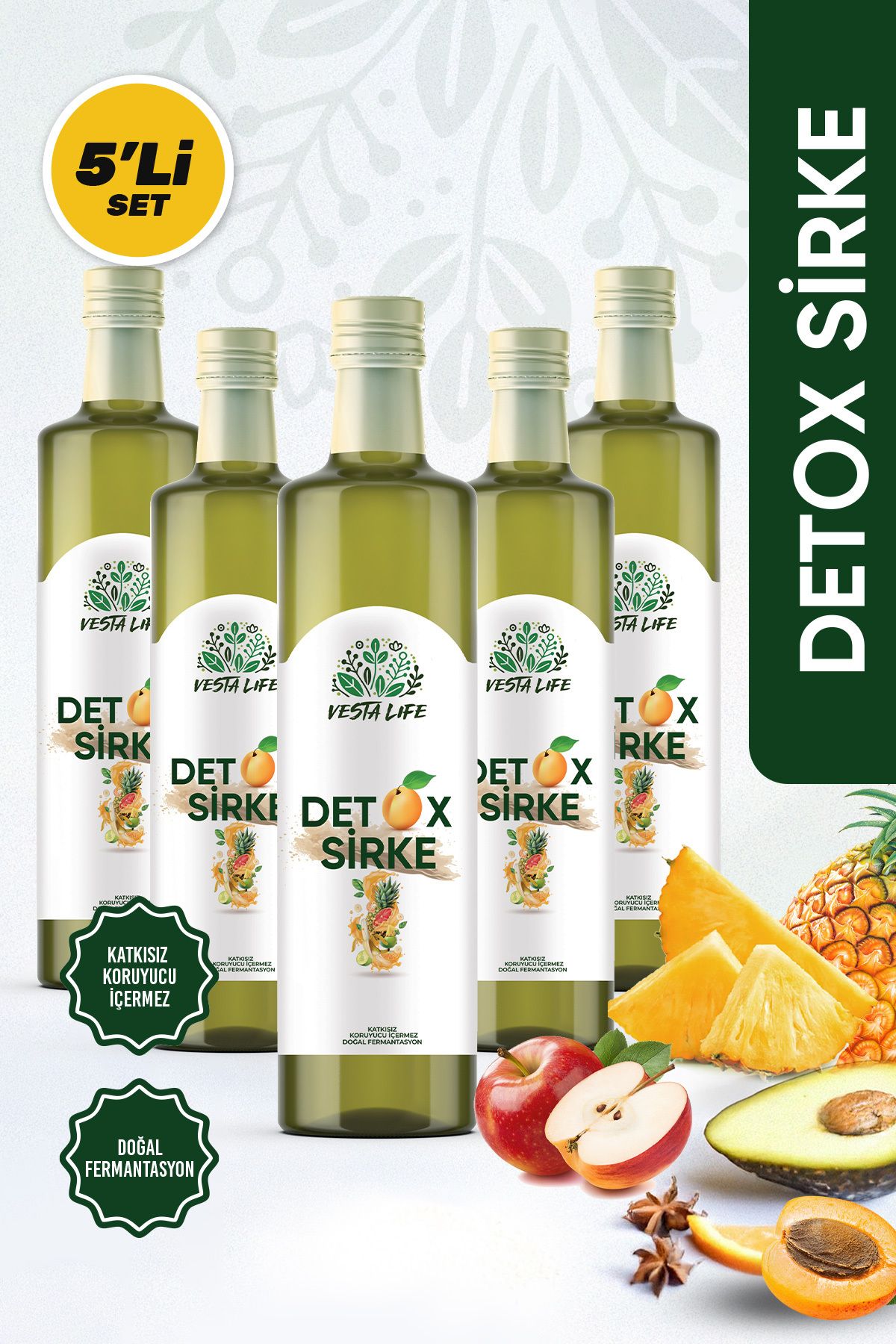 vesta life Detox Sirkesi-Ödem Atmaya Kilo Vermeye Yardımcı Doğal Zayıfla ve Fermante Detox Sirkesi-250ml-5 Adet