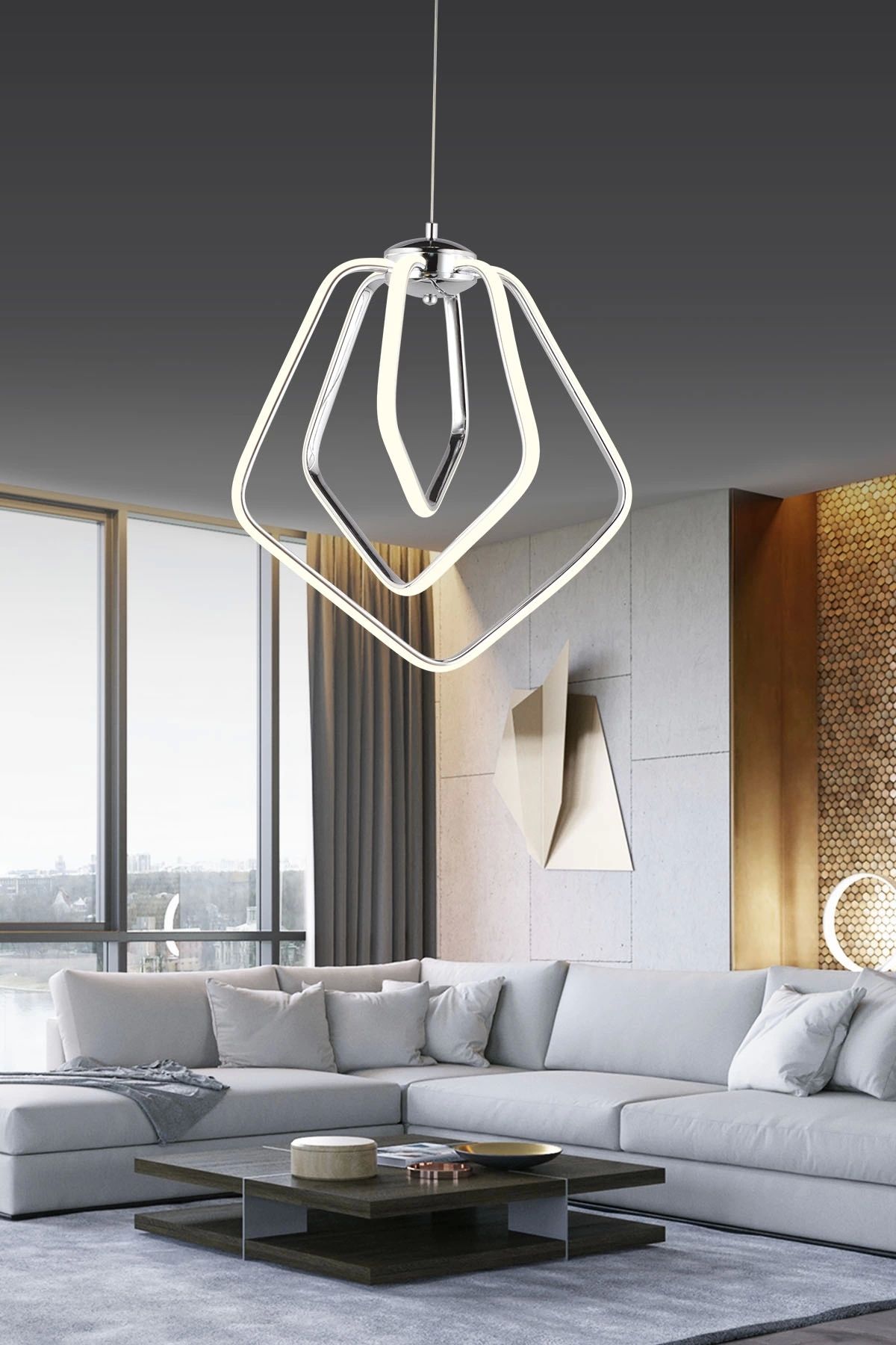 NZL Lighting Modern Üçlü Dorbıen Üç Renkli Krom Sarkıt Ledli Salon Avize ve Oturma Odası Ledli Avize