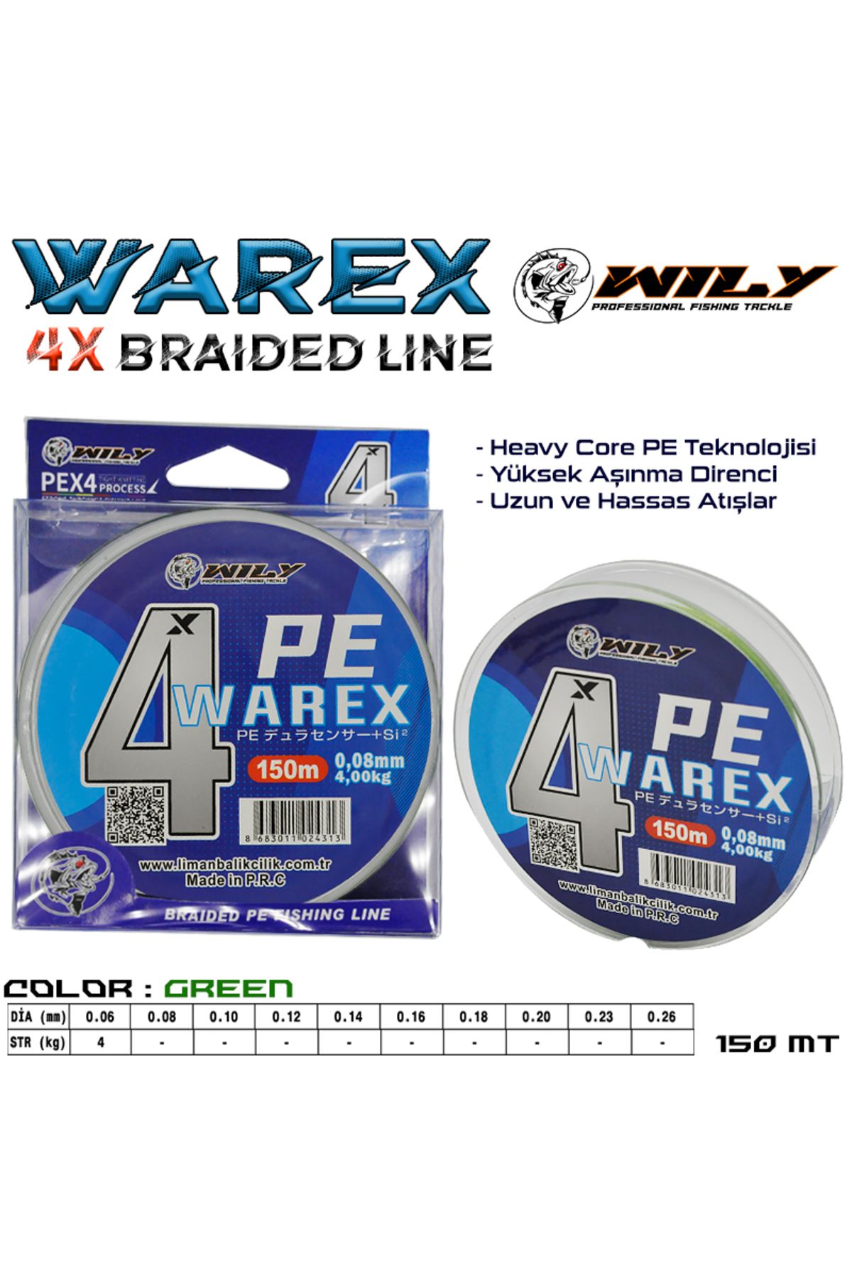 Wily Warex 4X İp Misina 150 mt Yeşil