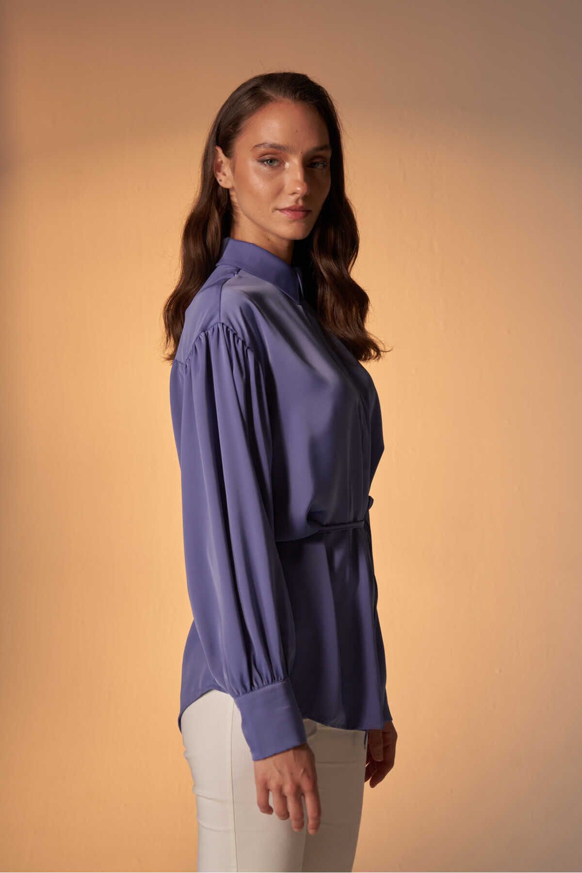 EMNORA-Satin Shirt - Gathered, Eflatun Model 2