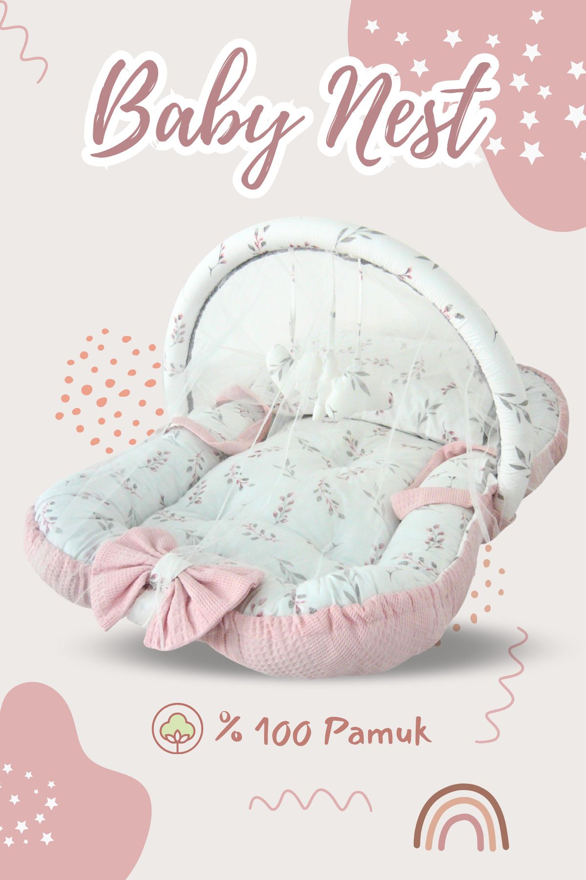 Calico Baby Nest Pudra Pembe / Kız Bebek -  6 Parça Özel Tasarım Set / %100 Pamuk