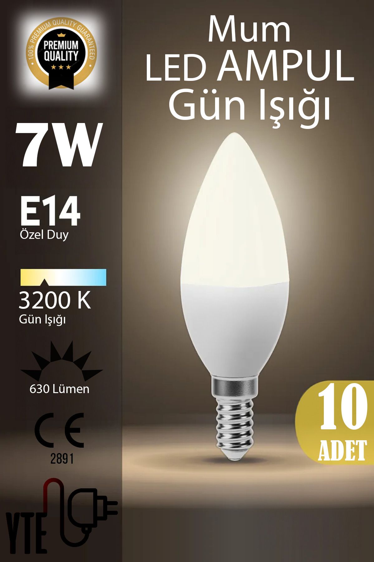 YTE 10 Adet  Kaliteli Gün Işığı 7W Mum Led Ampul E14 Duy