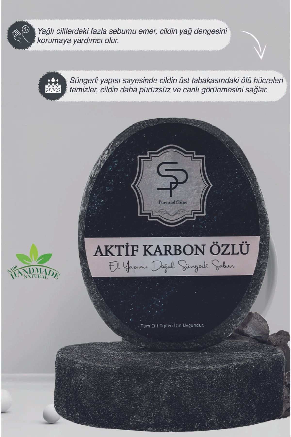 Pureandshine AKTİF KARBON ÖZLÜ EL YAPIMI DOĞAL SÜNGERLİ SABUN