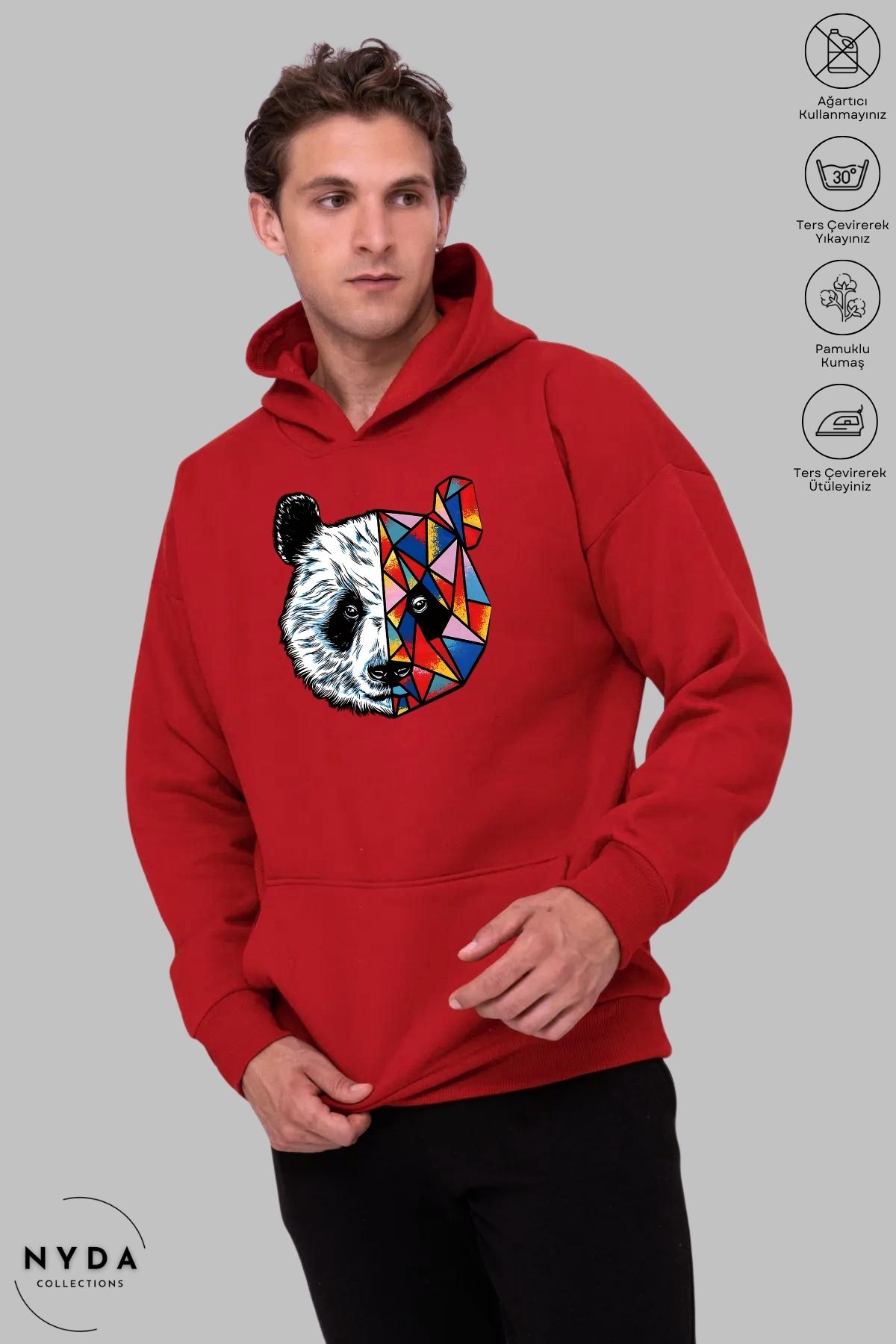 Nyda Collections Unisex Hoodie Uzun Kollu Renkli Panda Baskılı Kapüşonlu Şardonlu Sweatshirt Oversize Pamuk