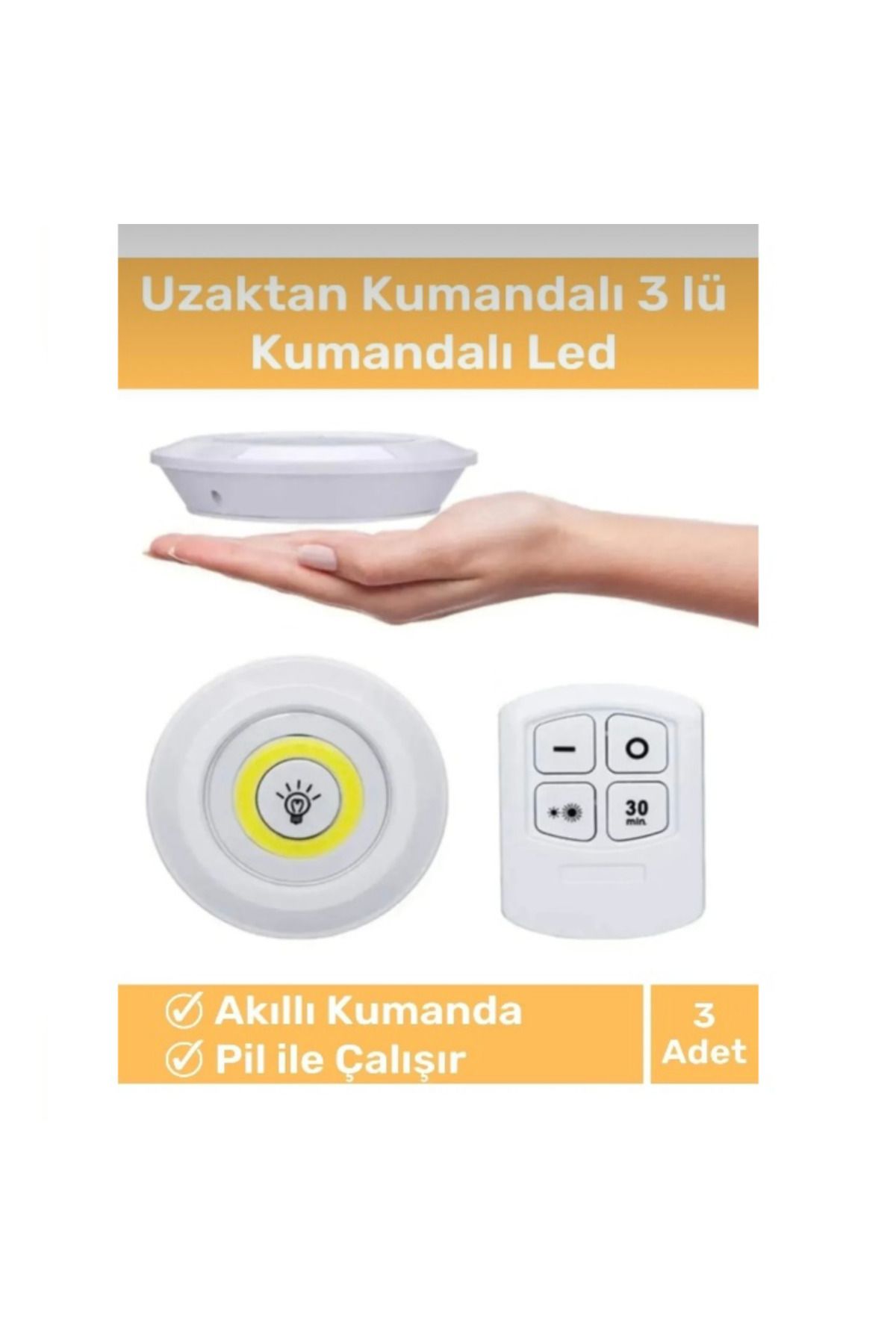 abnturk Uzaktan Kumandalı Kablosuz 3’Lü Pilli Spot Led Seti Beyaz Renk