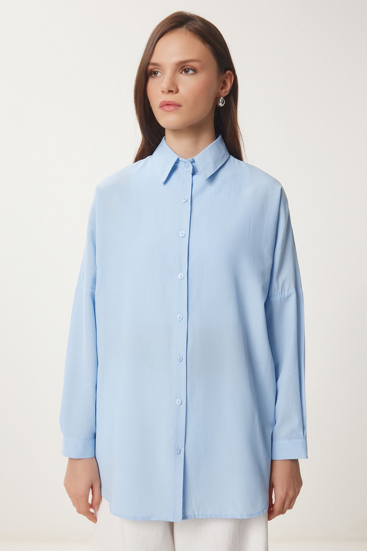 Happiness İstanbul-Cămașă de bază lungă oversize albastră pentru femei DD00842 4