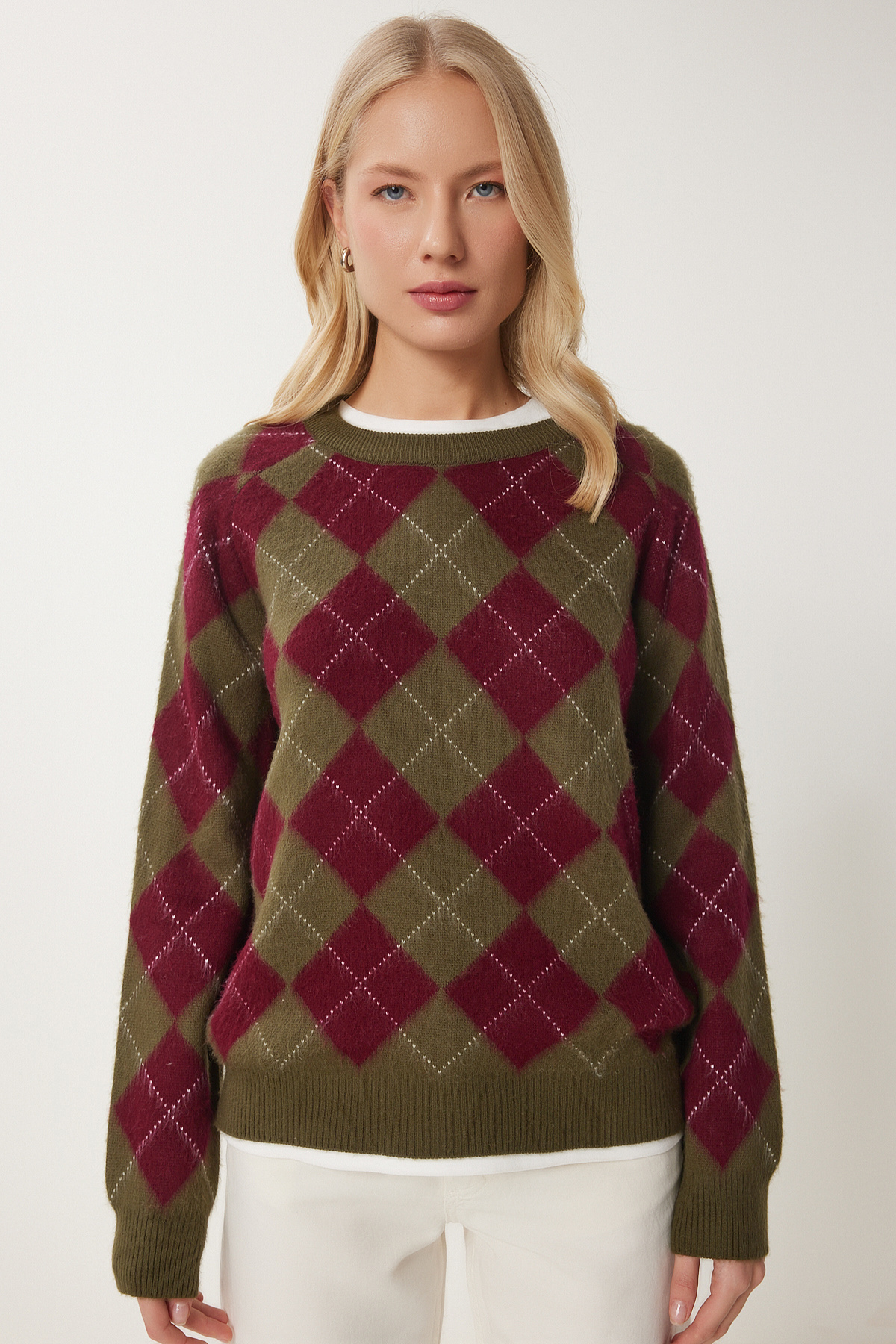Happiness İstanbul Damen-Strickpullover PF00108 mit grünem, burgunderrotem Rautenmuster und weicher Textur PF00108