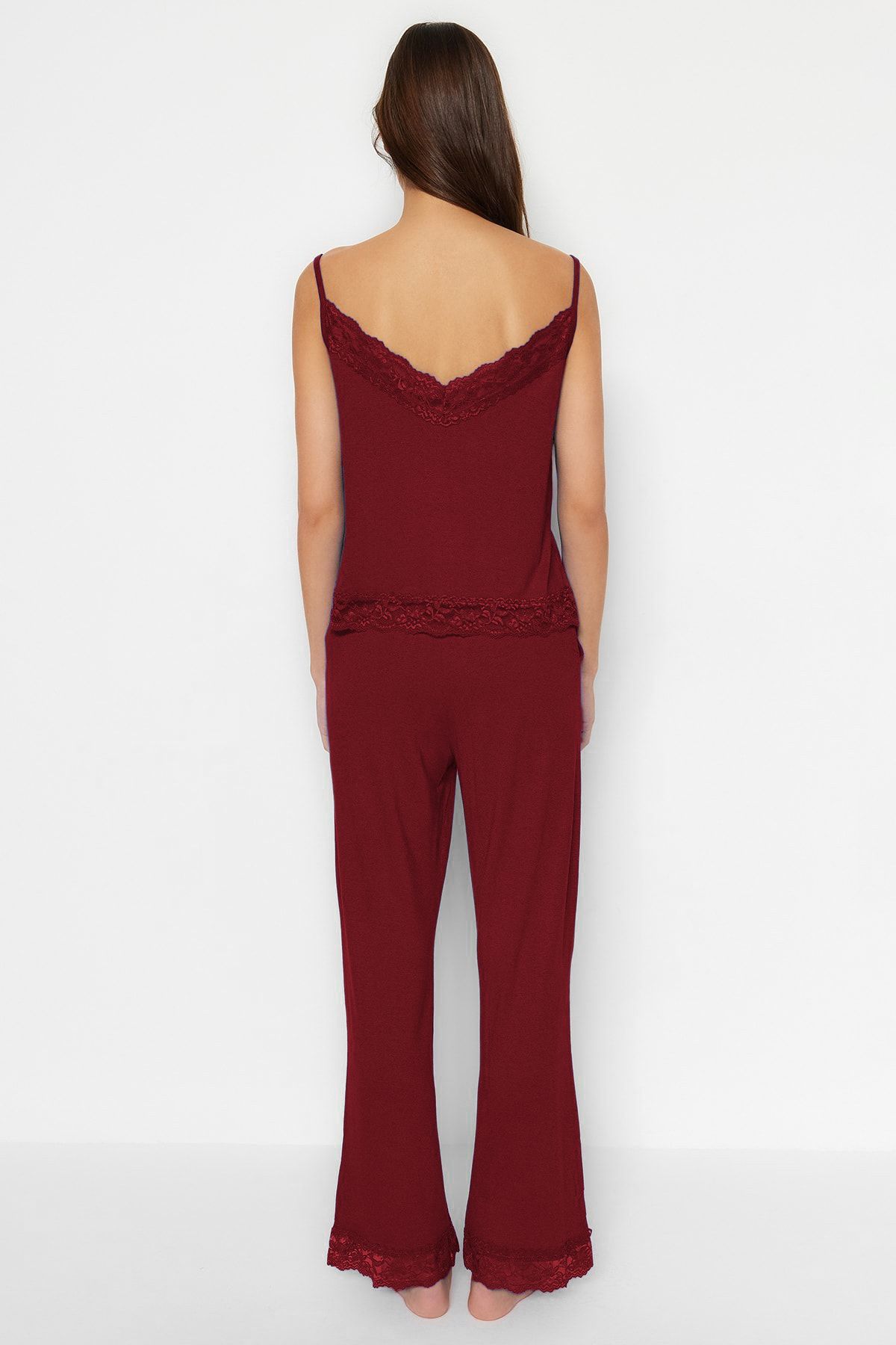 Trendyol Collection-Set pijamale tricotate din viscoză - cu dantelă roșie claret și detaliu panglică, curea de frânghie THMSS20PT0134 6