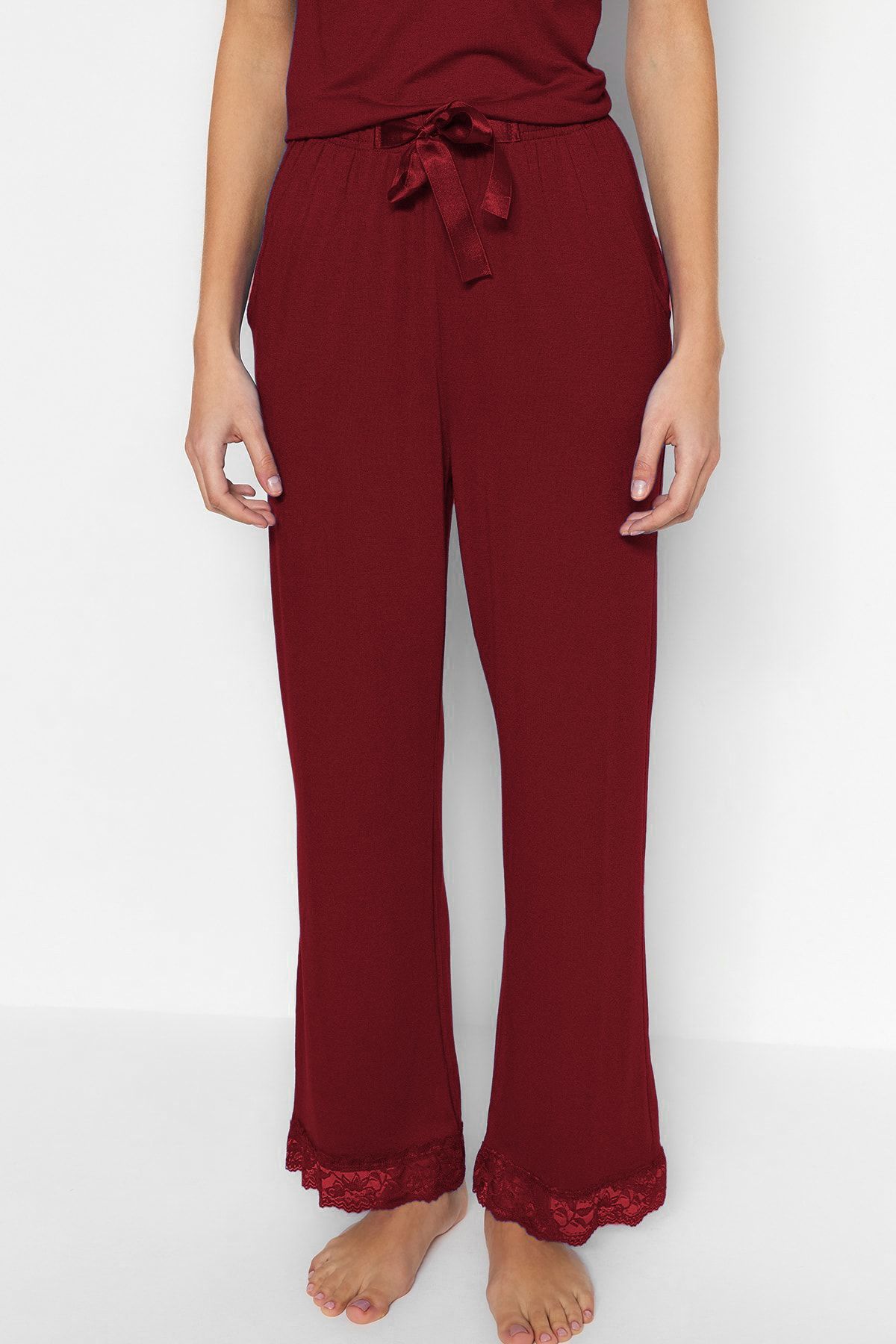 Trendyol Collection-Set pijamale tricotate din viscoză - cu dantelă roșie claret și detaliu panglică, curea de frânghie THMSS20PT0134 4