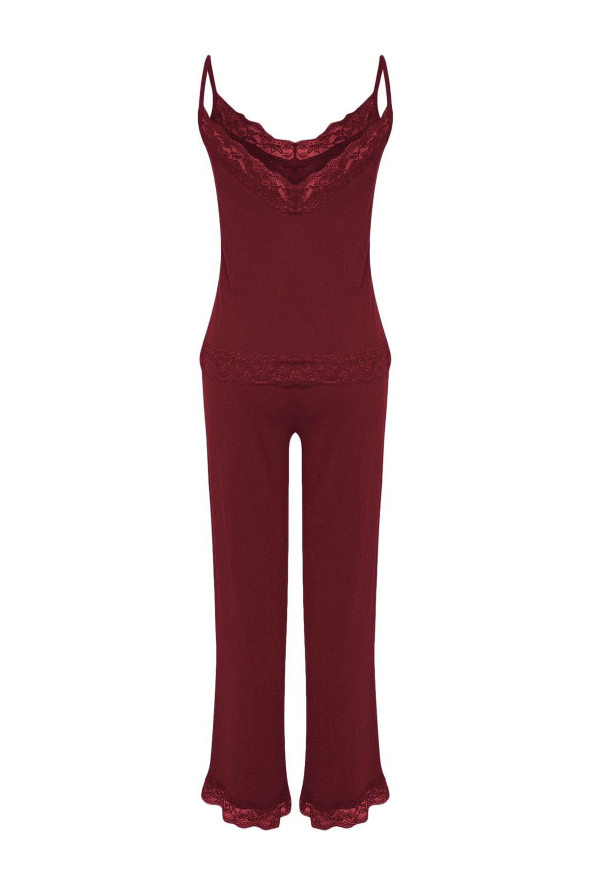 Trendyol Collection-Set pijamale tricotate din viscoză - cu dantelă roșie claret și detaliu panglică, curea de frânghie THMSS20PT0134 7