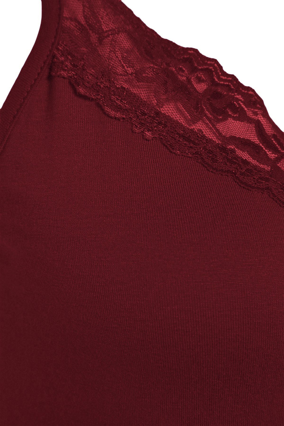 Trendyol Collection-Set pijamale tricotate din viscoză - cu dantelă roșie claret și detaliu panglică, curea de frânghie THMSS20PT0134 8