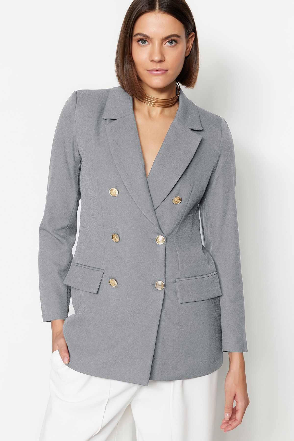 Trendyol Collection-Graue, übergroße, gefütterte, zweireihige Blazerjacke aus Webstoff TWOSS20CE0024 2