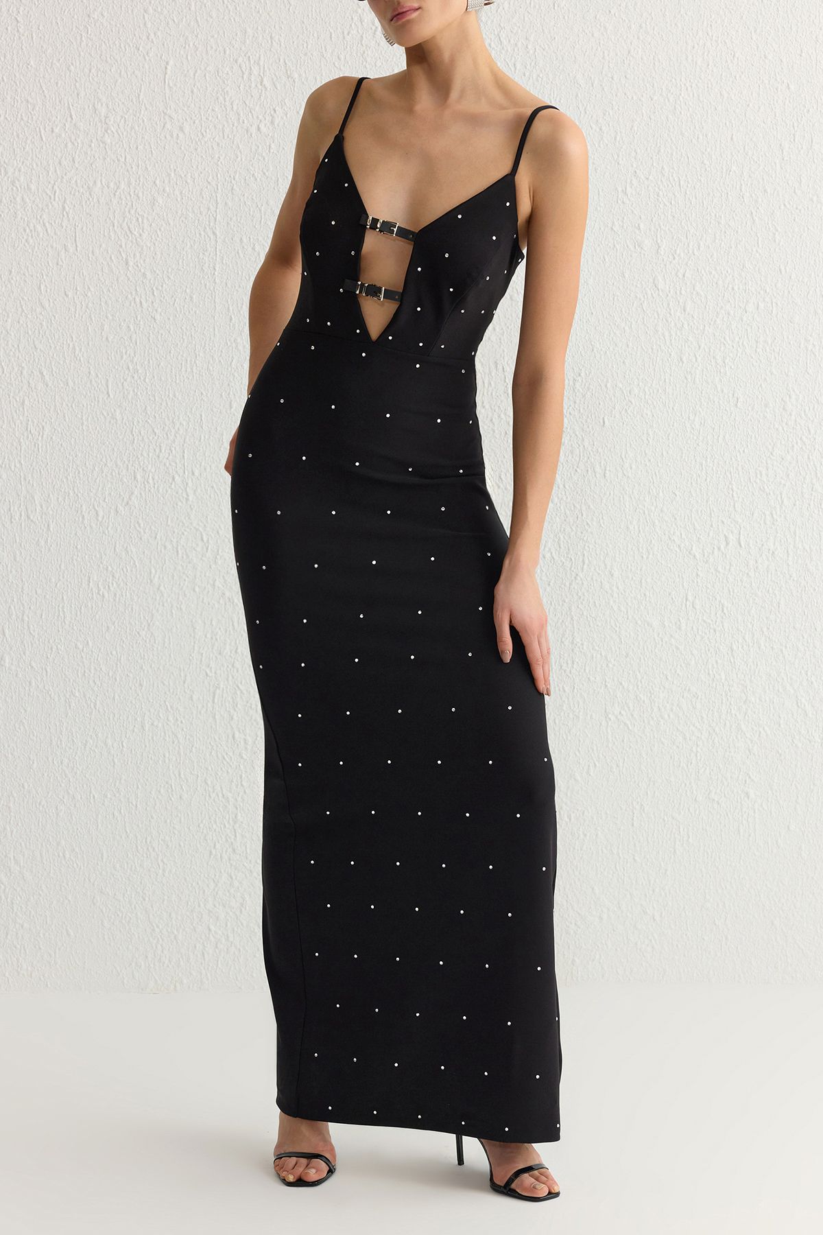 Trendyol Collection-Black Shiny Rhinestone Belt Accessory Detailed Woven Long Stylish Evening Dress Tprss25Ae00007 7
