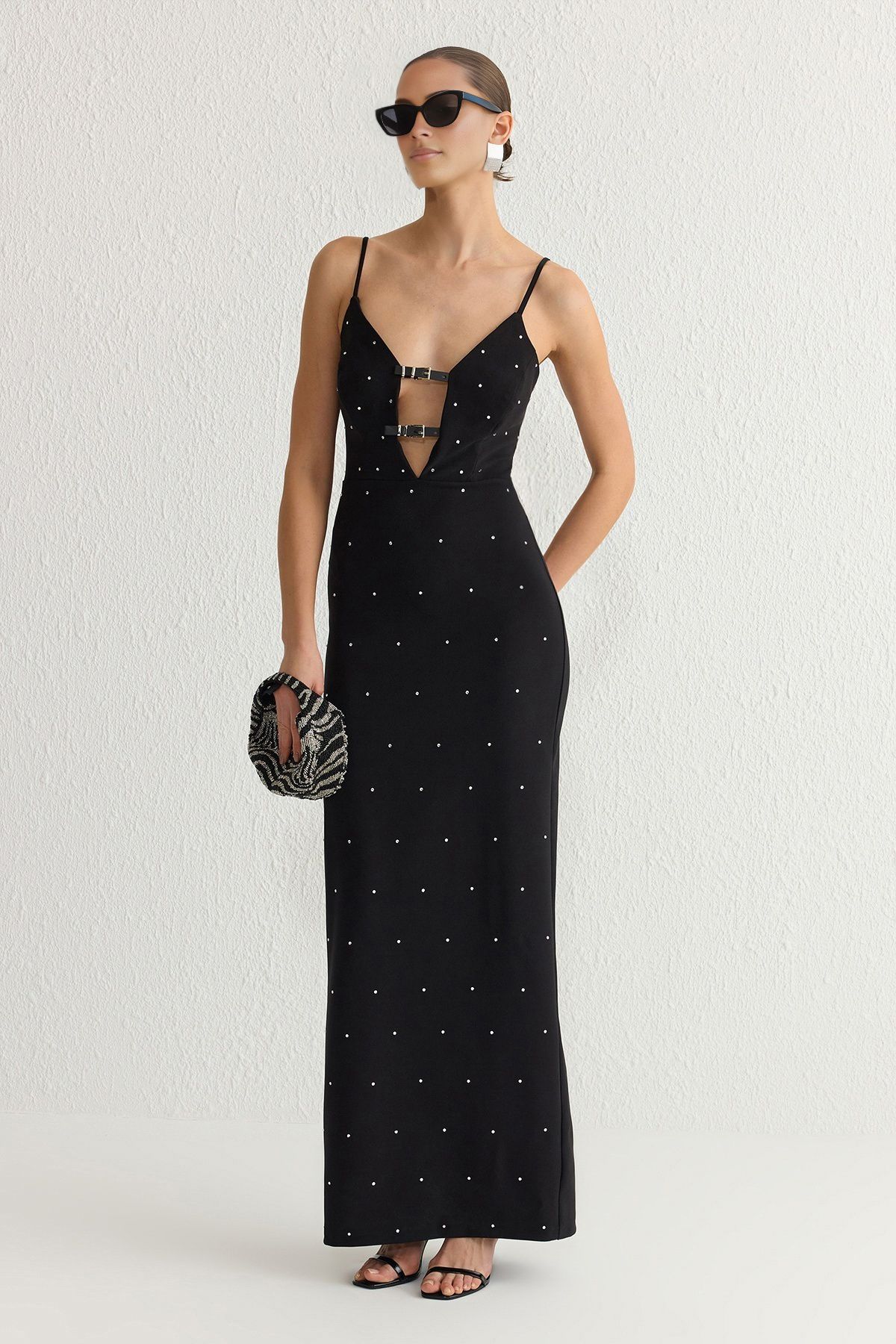 Trendyol Collection-Black Shiny Rhinestone Belt Accessory Detailed Woven Long Stylish Evening Dress Tprss25Ae00007 5