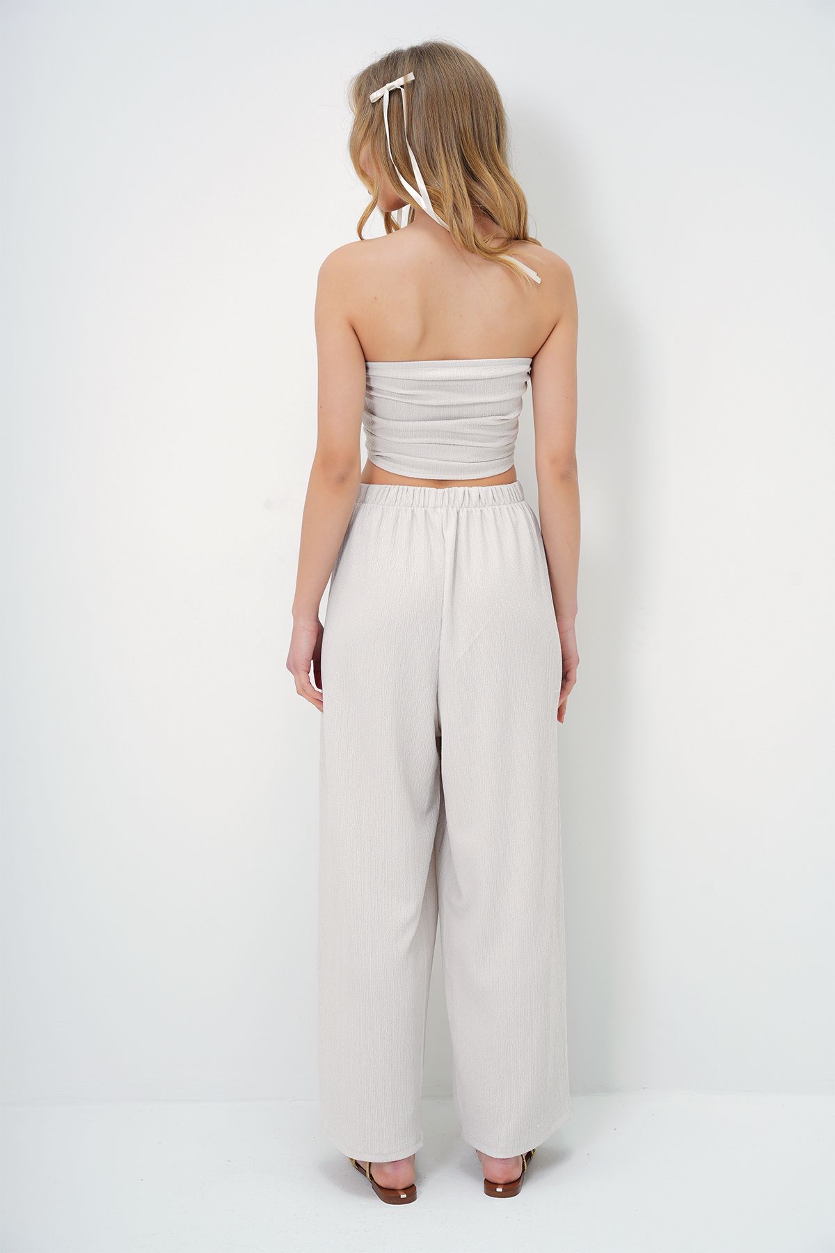Trend Alaçatı Stili-Women's Stone Textured Side Draped Strapless Crop Blouse and Pants Suit Alc-X13410 6