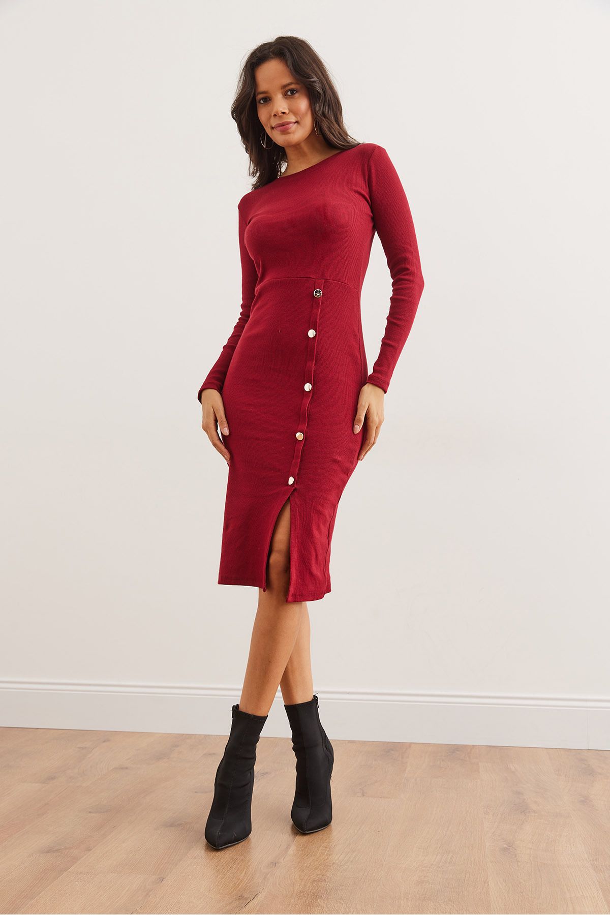 Kadın Bordo Düğme Detaylı Yırtmaçlı Midi Esnek Elbise ELB-19002256
