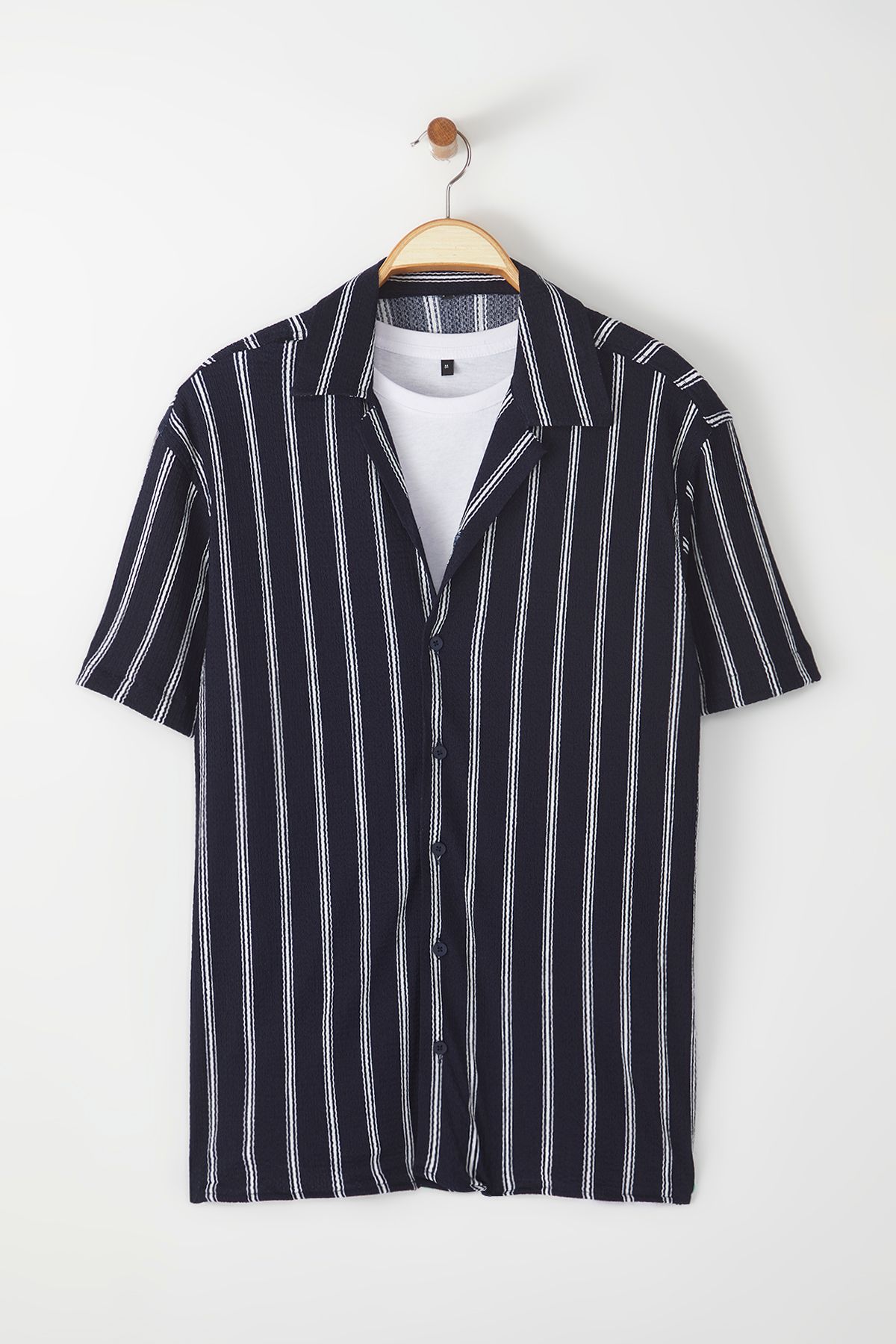 Trendyol Collection-Navy Blue Wrapped Stripe Summer Shirt - Regular Fit, Short Sleeve Tmnss25Go00014 1