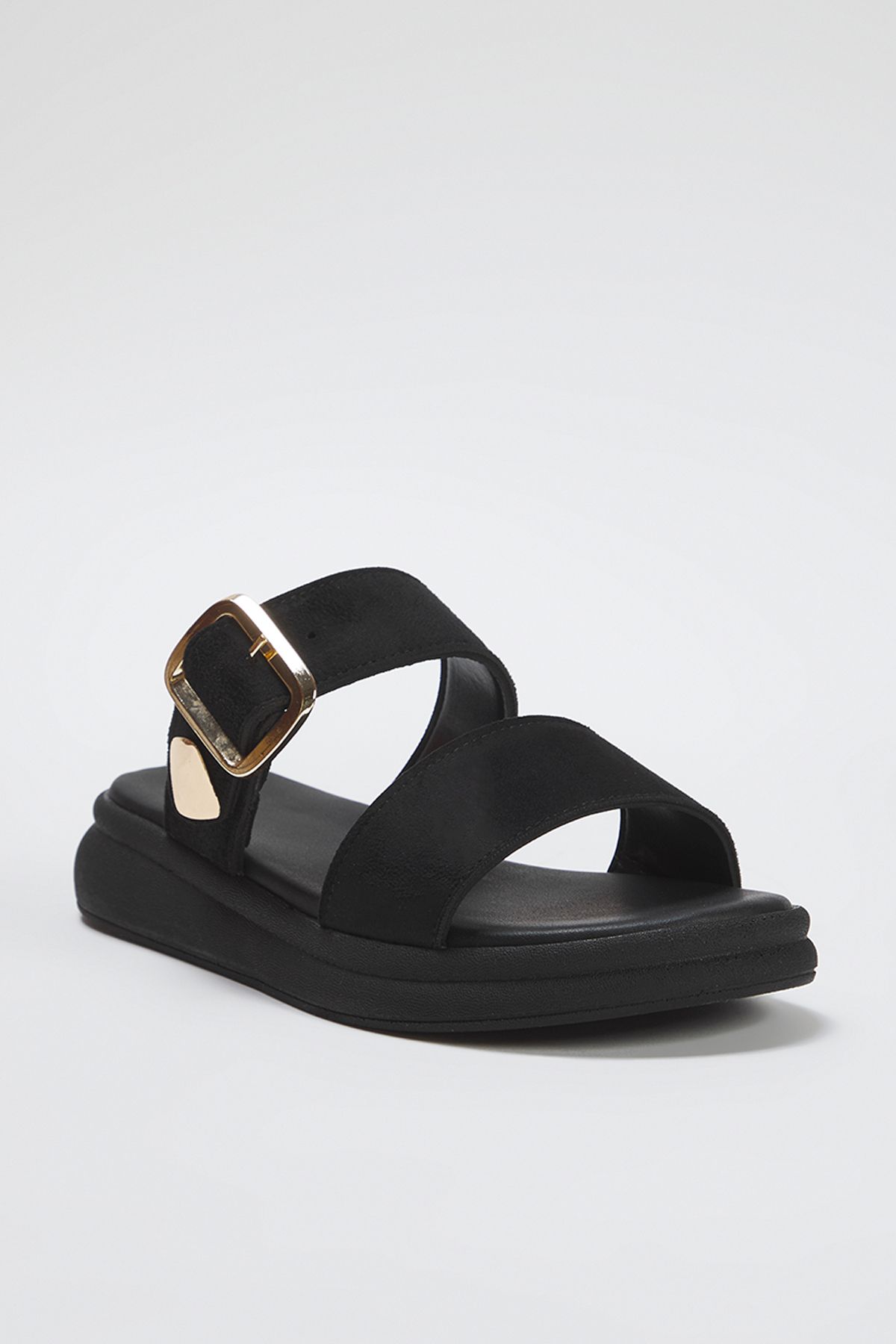 TRENDYOL SHOES-Black Suede Gold Buckle Flat Women's Slippers Takss25Te00006 5