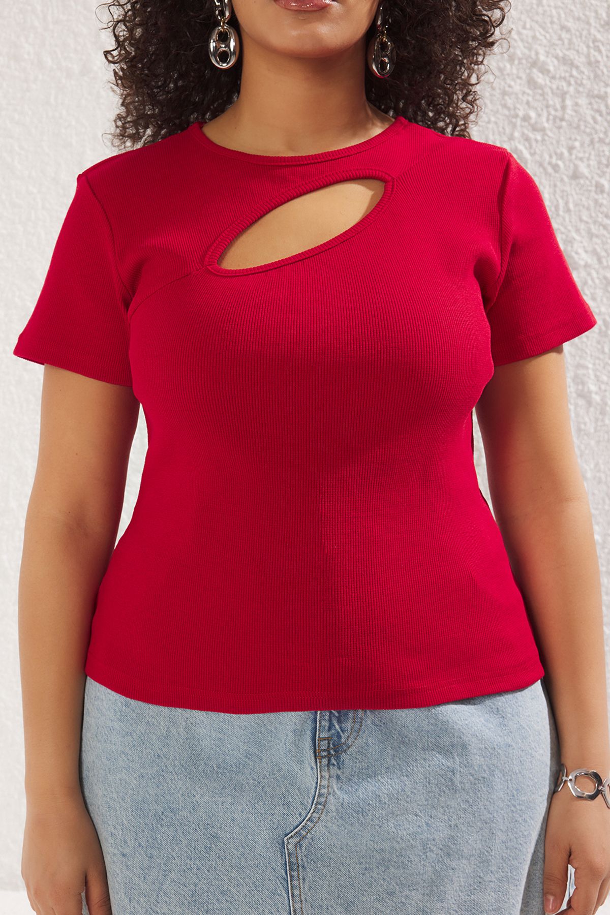 Trendyol Curve-Bluză tricotată cu camisole roșie de mărime mare 9