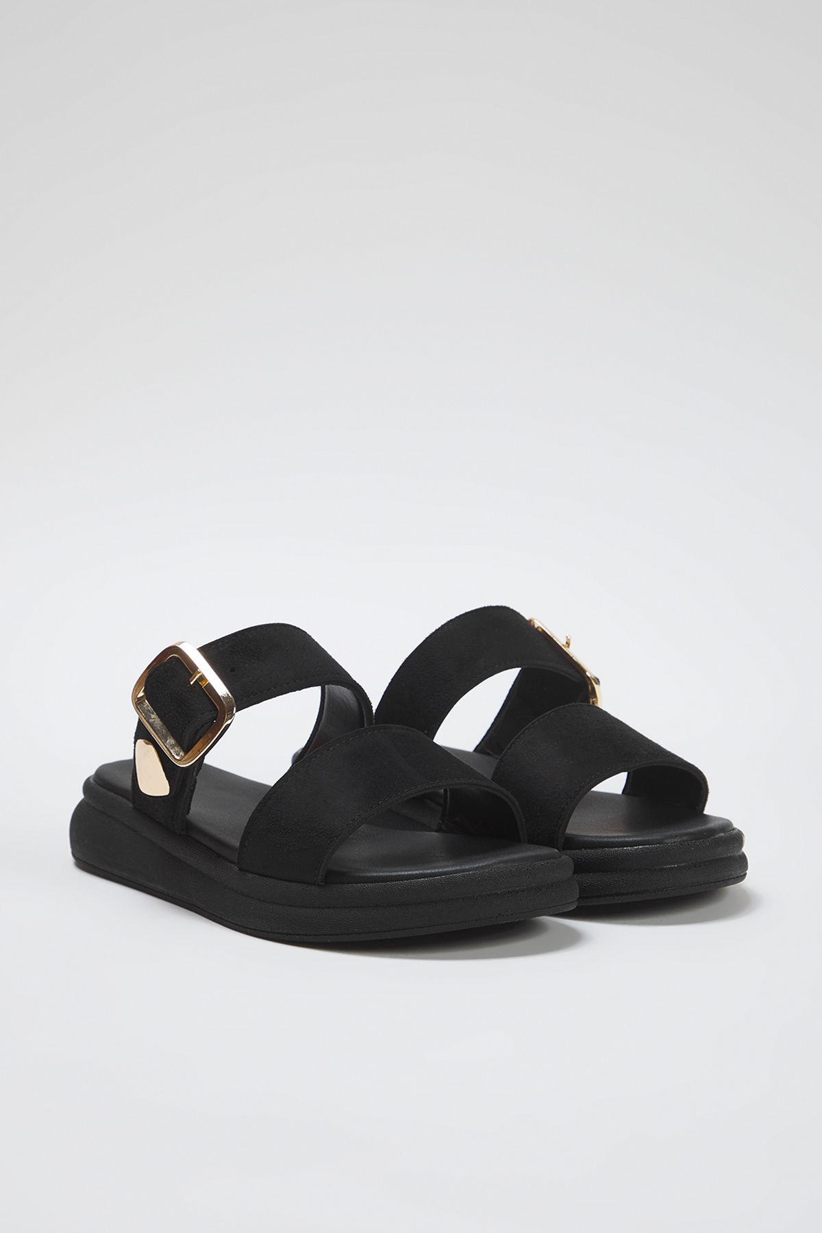 TRENDYOL SHOES-Black Suede Gold Buckle Flat Women's Slippers Takss25Te00006 4