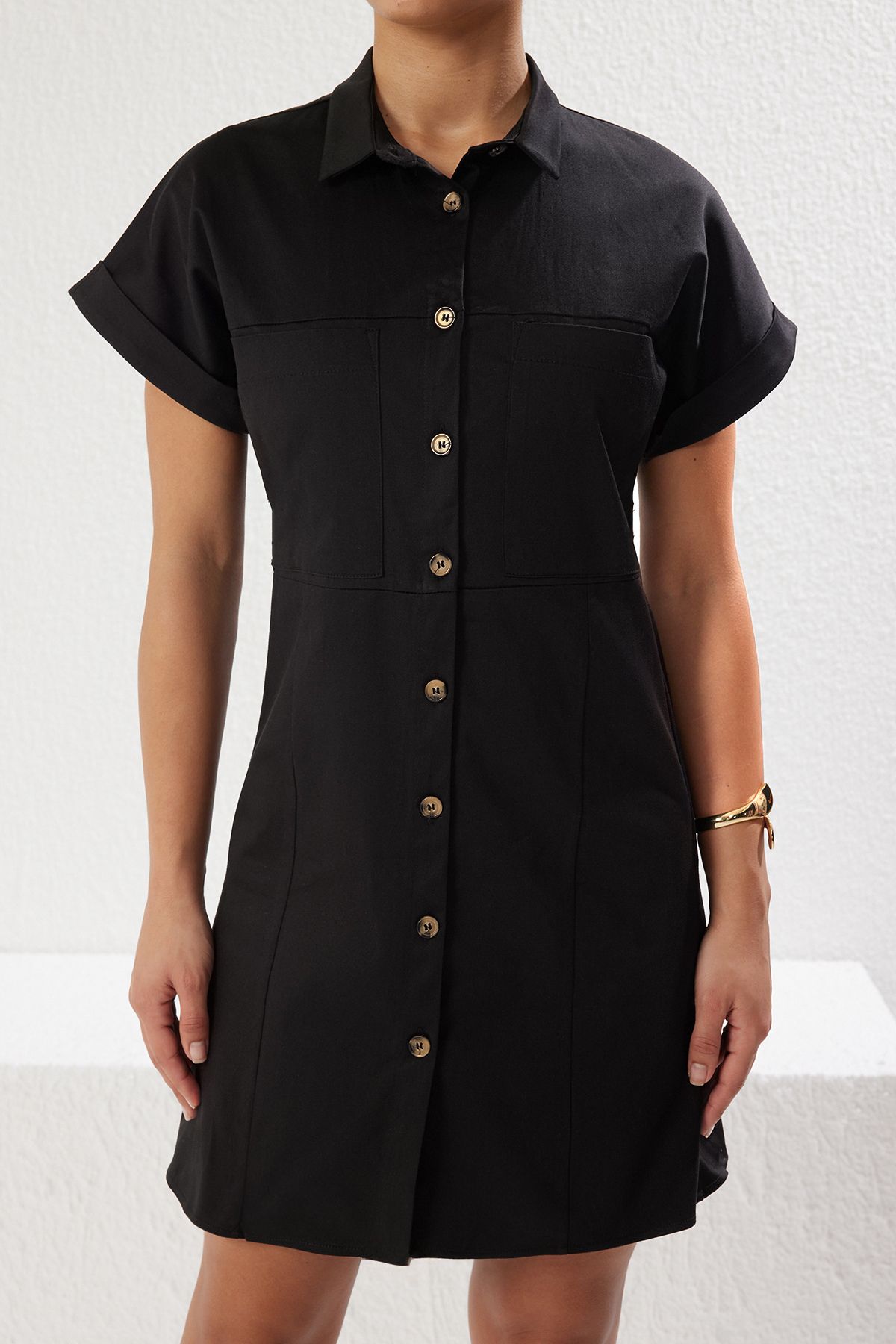 Trendyol Collection-Black Cotton Satin Mini Woven Shirt Dress Twoss25El00129 5