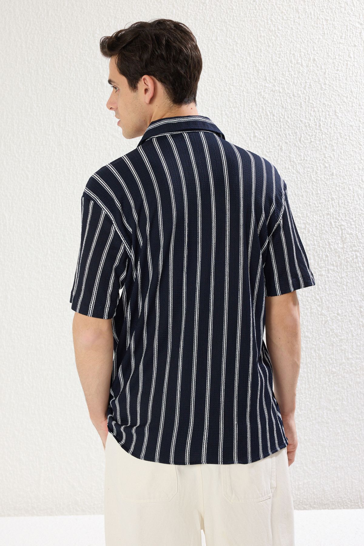 Trendyol Collection-Navy Blue Wrapped Stripe Summer Shirt - Regular Fit, Short Sleeve Tmnss25Go00014 6