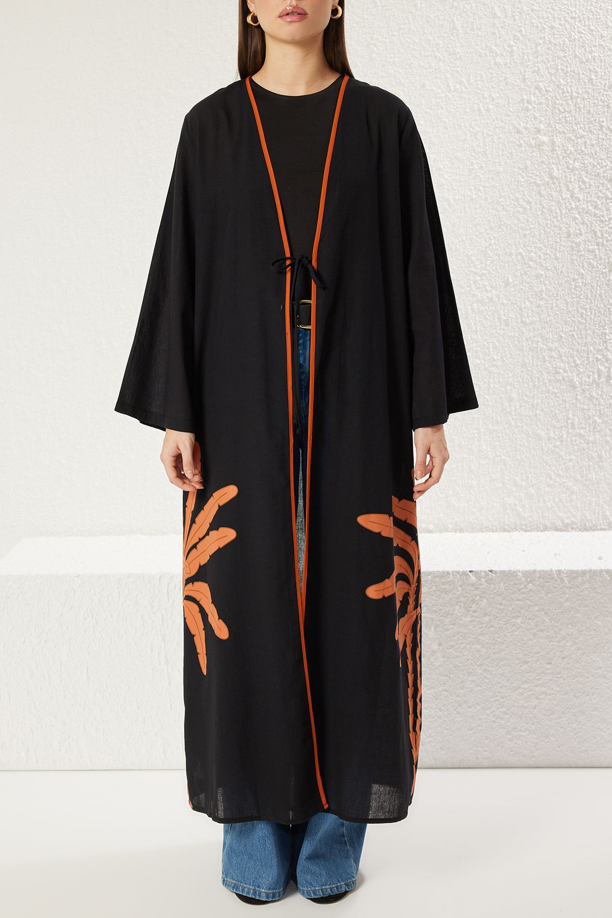 Trendyol Modest-Μαύρο μοτίβο παλάμης με λεπτομέρεια υφαντό κιμονό 100% βαμβάκι TCTSS25KK00000 3