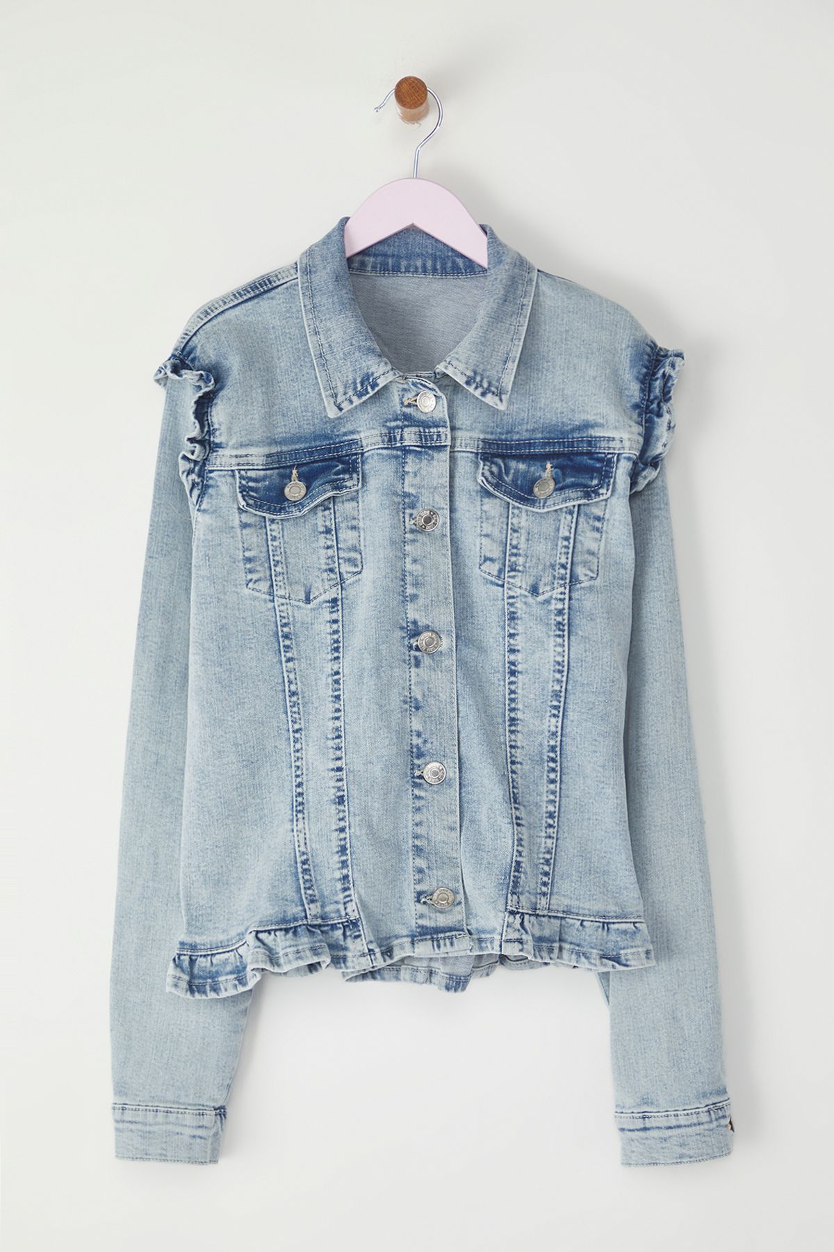 TRENDYOLKIDS-Light Blue Girls' Shoulder Ruffle Denim Jacket Tkdss25Ce00004 1