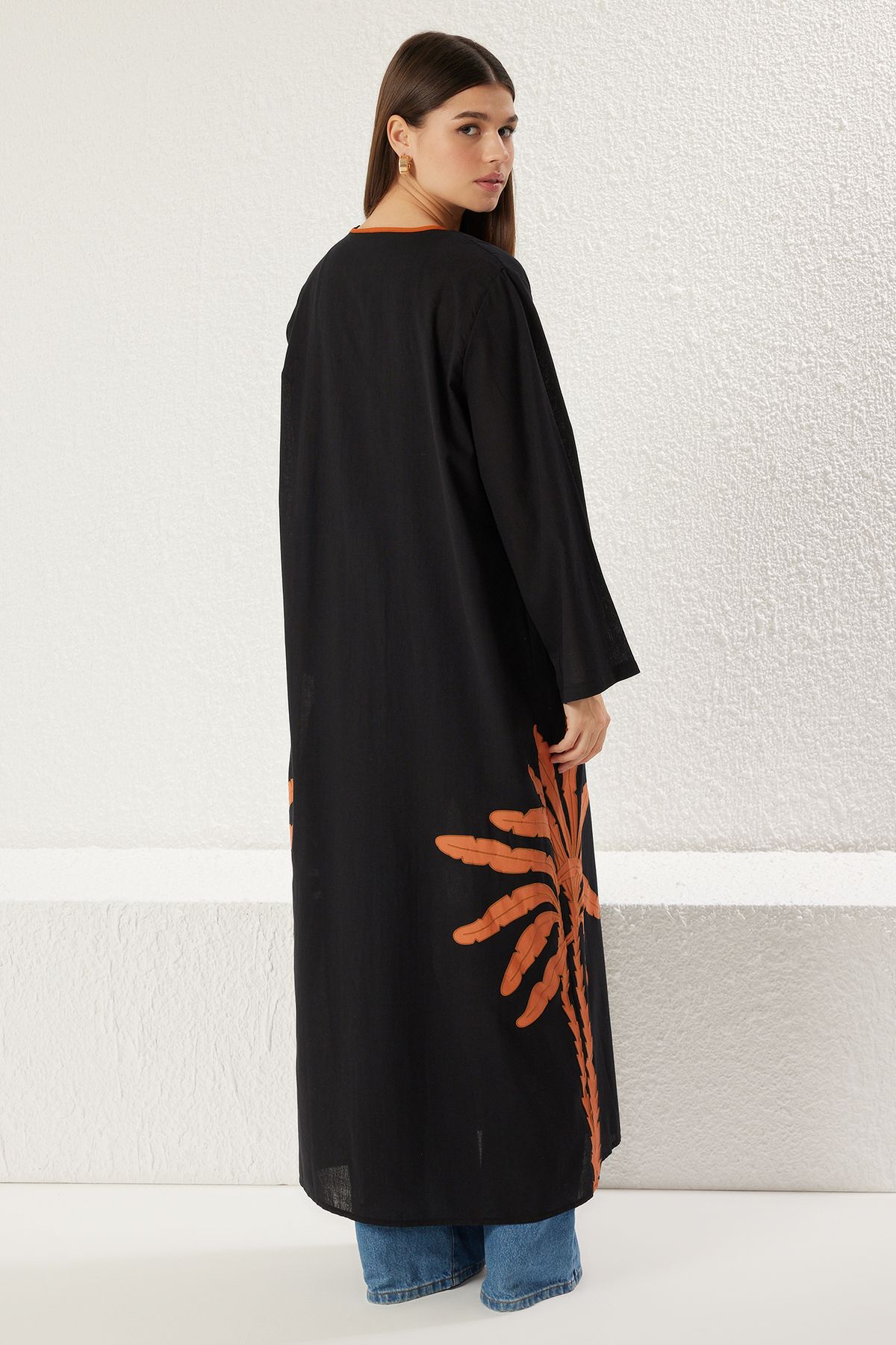 Trendyol Modest-Μαύρο μοτίβο παλάμης με λεπτομέρεια υφαντό κιμονό 100% βαμβάκι TCTSS25KK00000 5