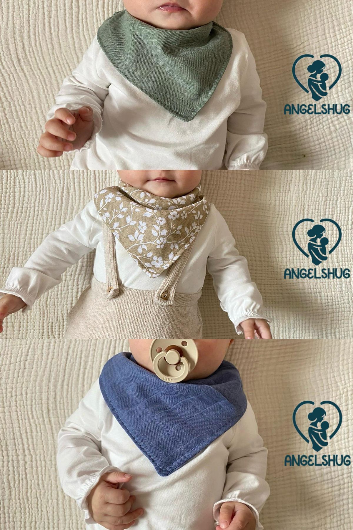 AngelsHug %100 Organik Müslin Çift Katlı Bebek Fular & Yakalık Mama Önlüğü & Salya Önlüğü Bez 12 ADET 40 CM fotoğrafı 5 (önizleme)