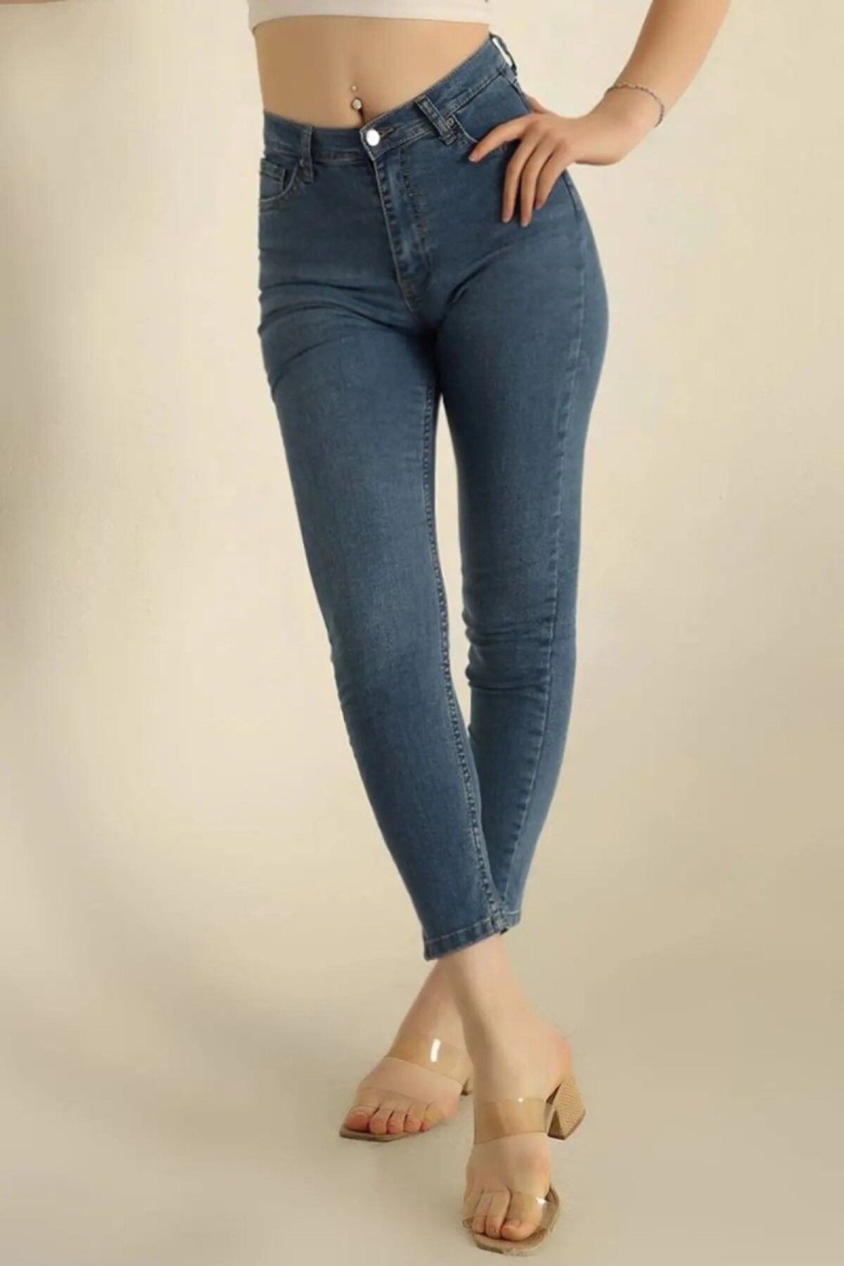 TOFİSA Düz Orta Kadın Koyu Mavi Skinny Kot Pantolon - 26646