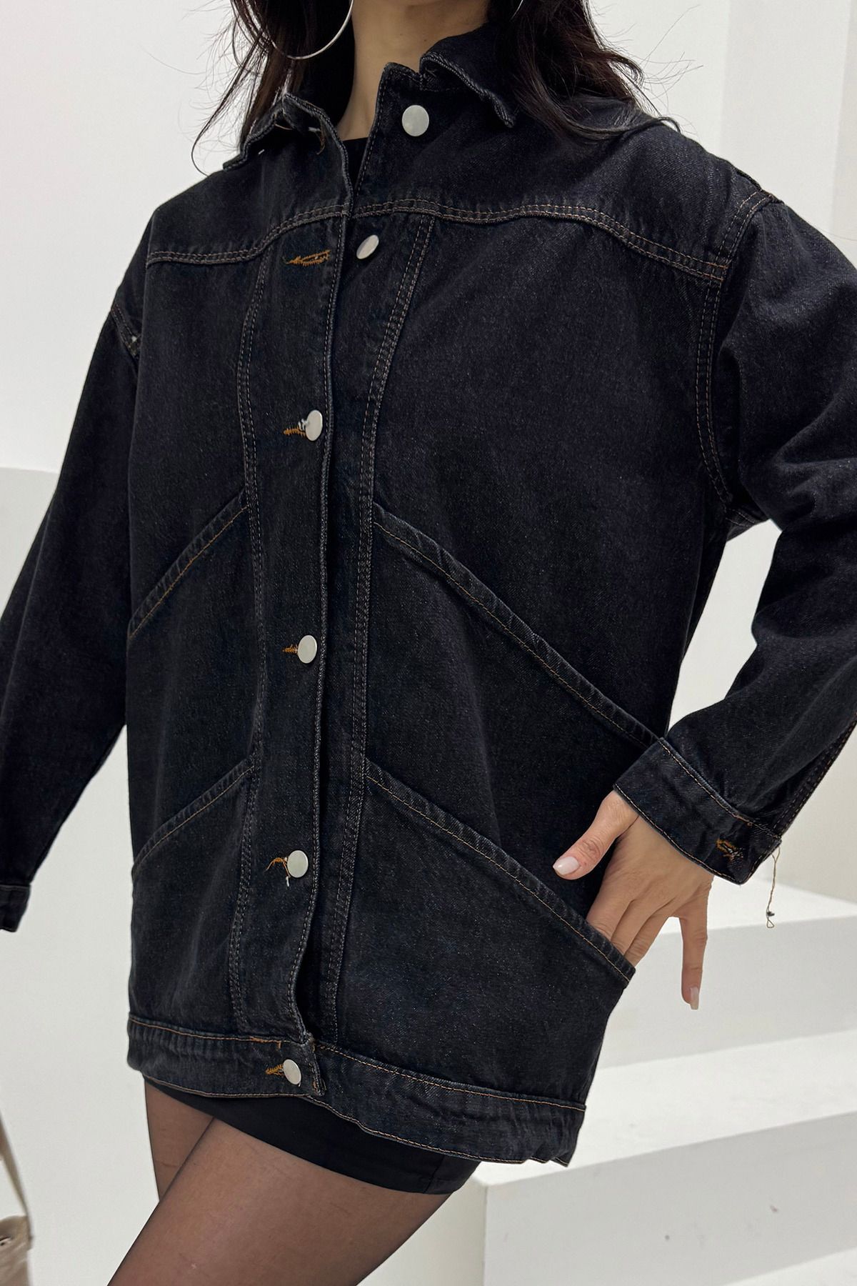 TOFİSA-Black Denim Jacket - Wide Pocket - 26589 4