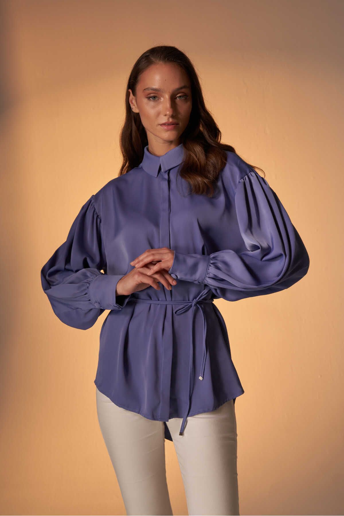 EMNORA-Satin Shirt - Gathered, Eflatun Model 1